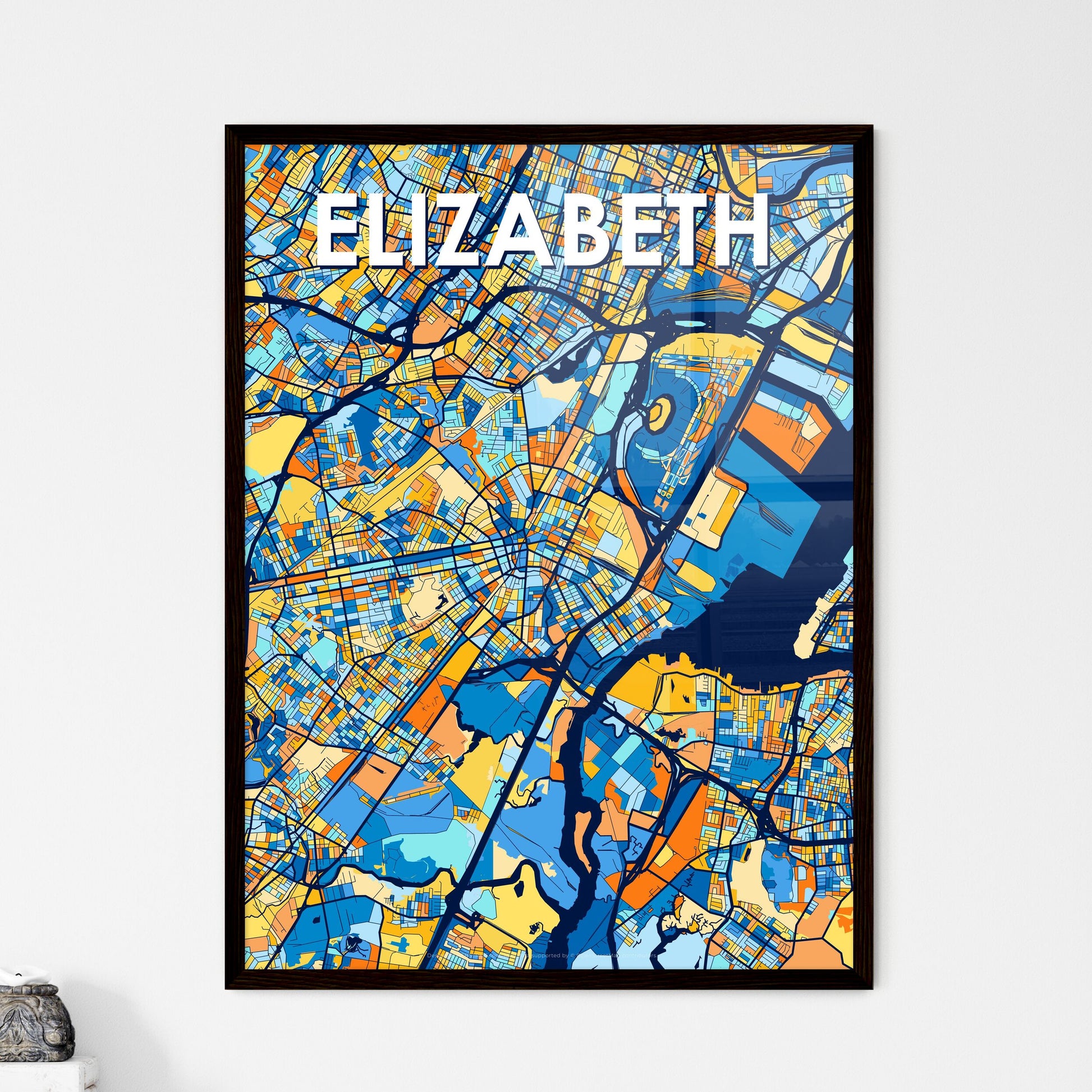 ELIZABETH NEW JERSEY Vibrant Colorful Art Map Poster Blue Orange