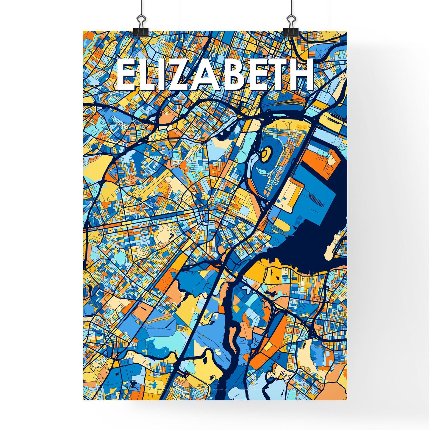 ELIZABETH NEW JERSEY Vibrant Colorful Art Map Poster Blue Orange