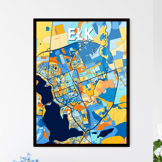 EŁK POLAND Vibrant Colorful Art Map Poster Blue Orange
