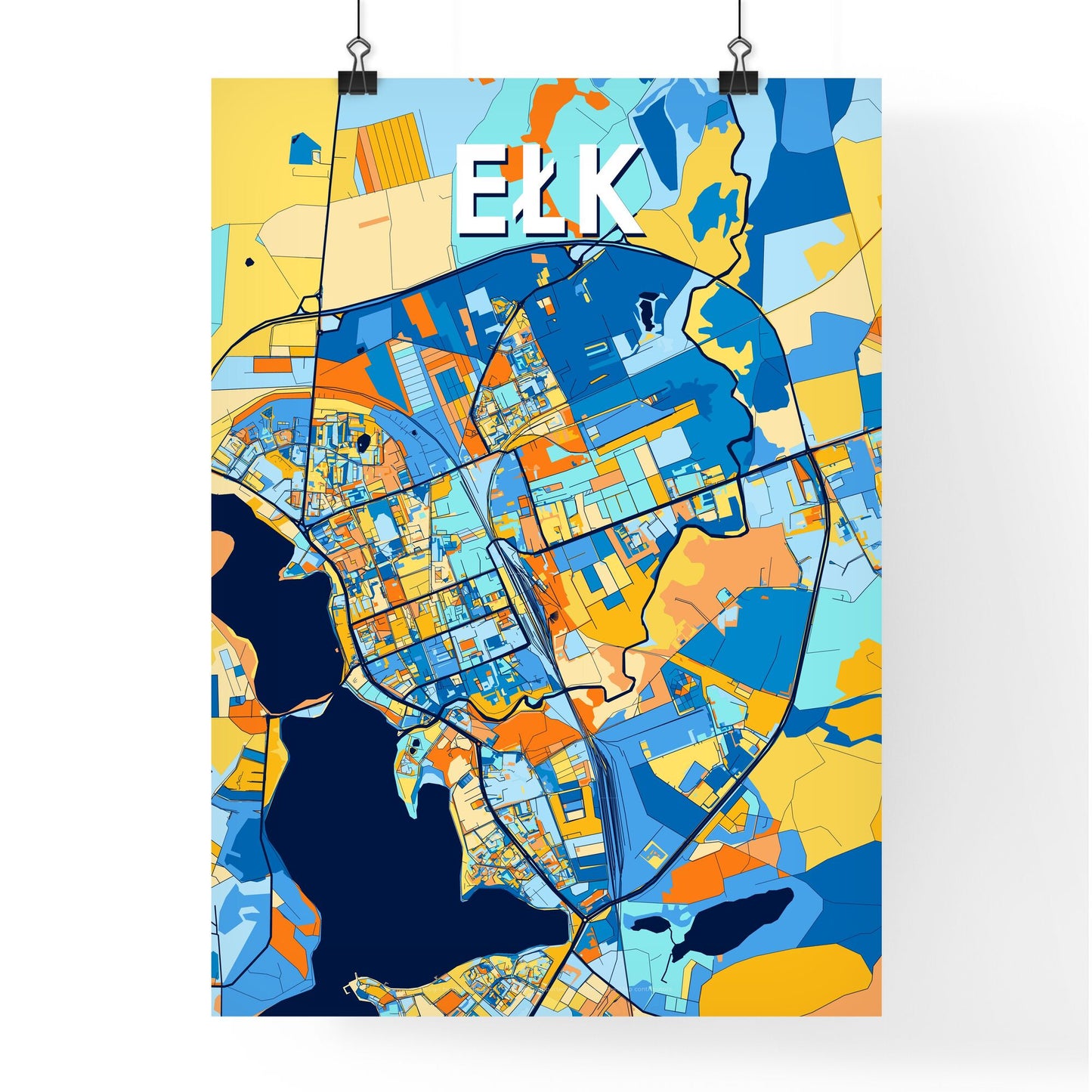 EŁK POLAND Vibrant Colorful Art Map Poster Blue Orange
