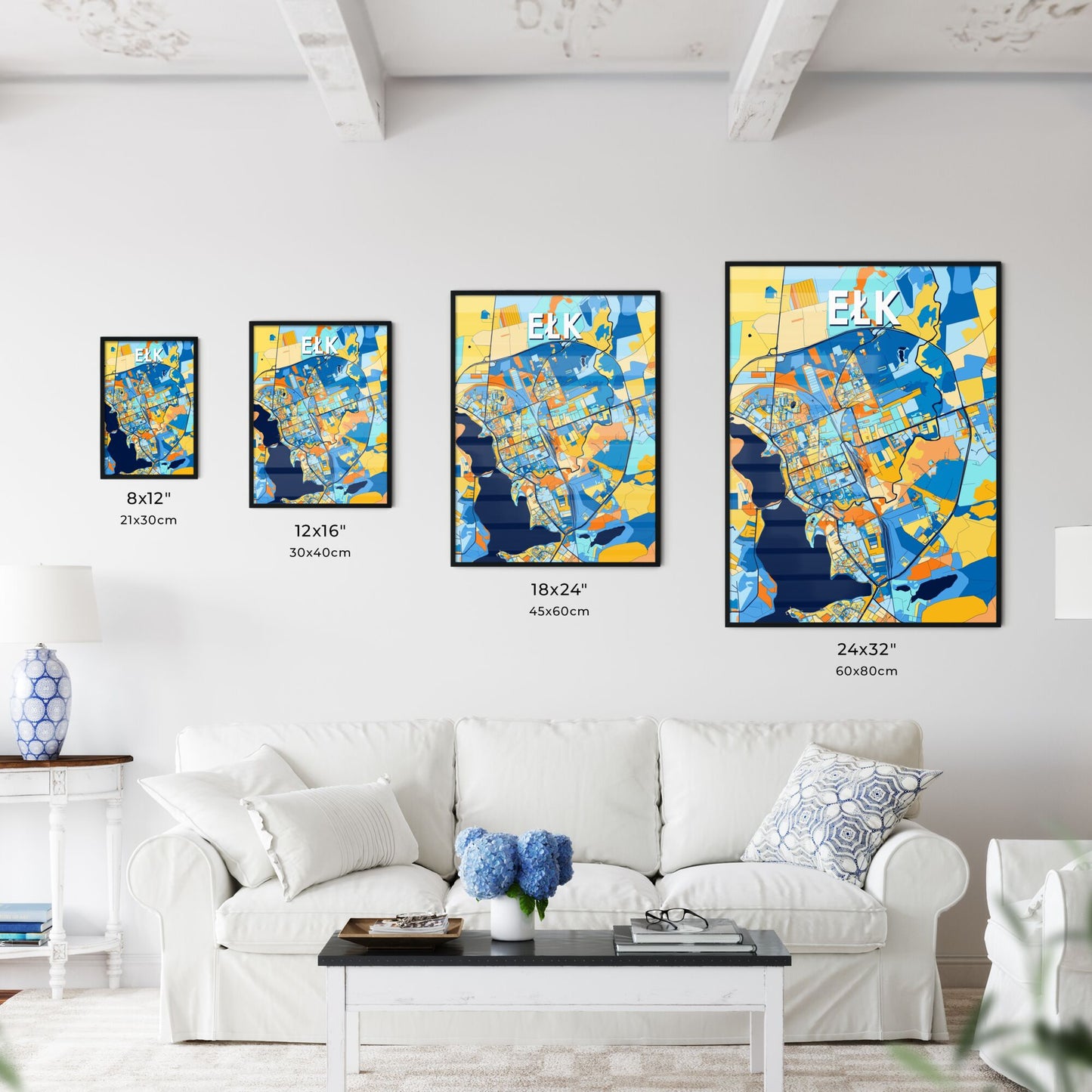 EŁK POLAND Vibrant Colorful Art Map Poster Blue Orange
