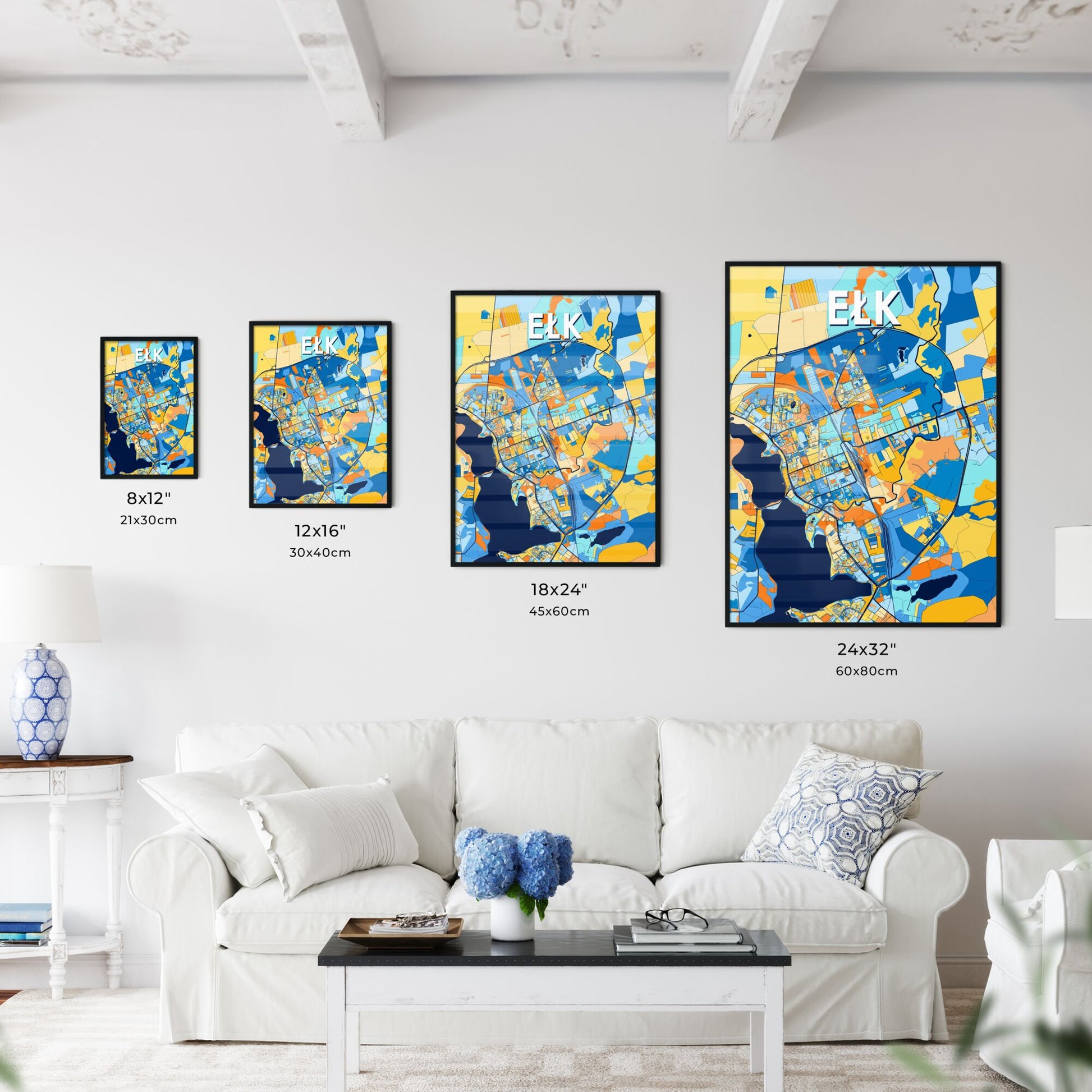 EŁK POLAND Vibrant Colorful Art Map Poster Blue Orange
