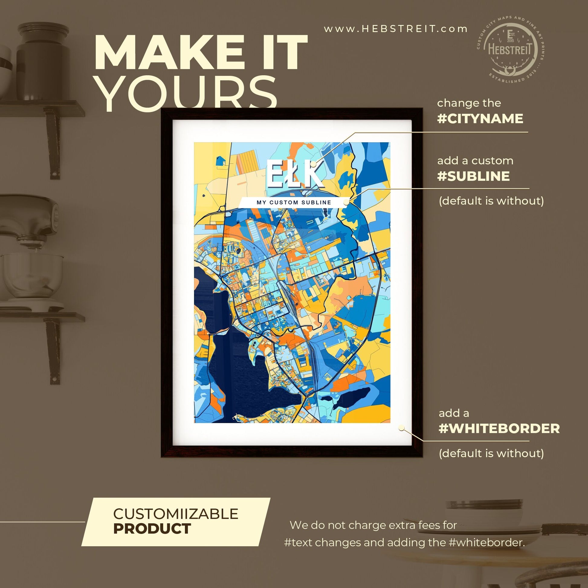 EŁK POLAND Vibrant Colorful Art Map Poster Blue Orange