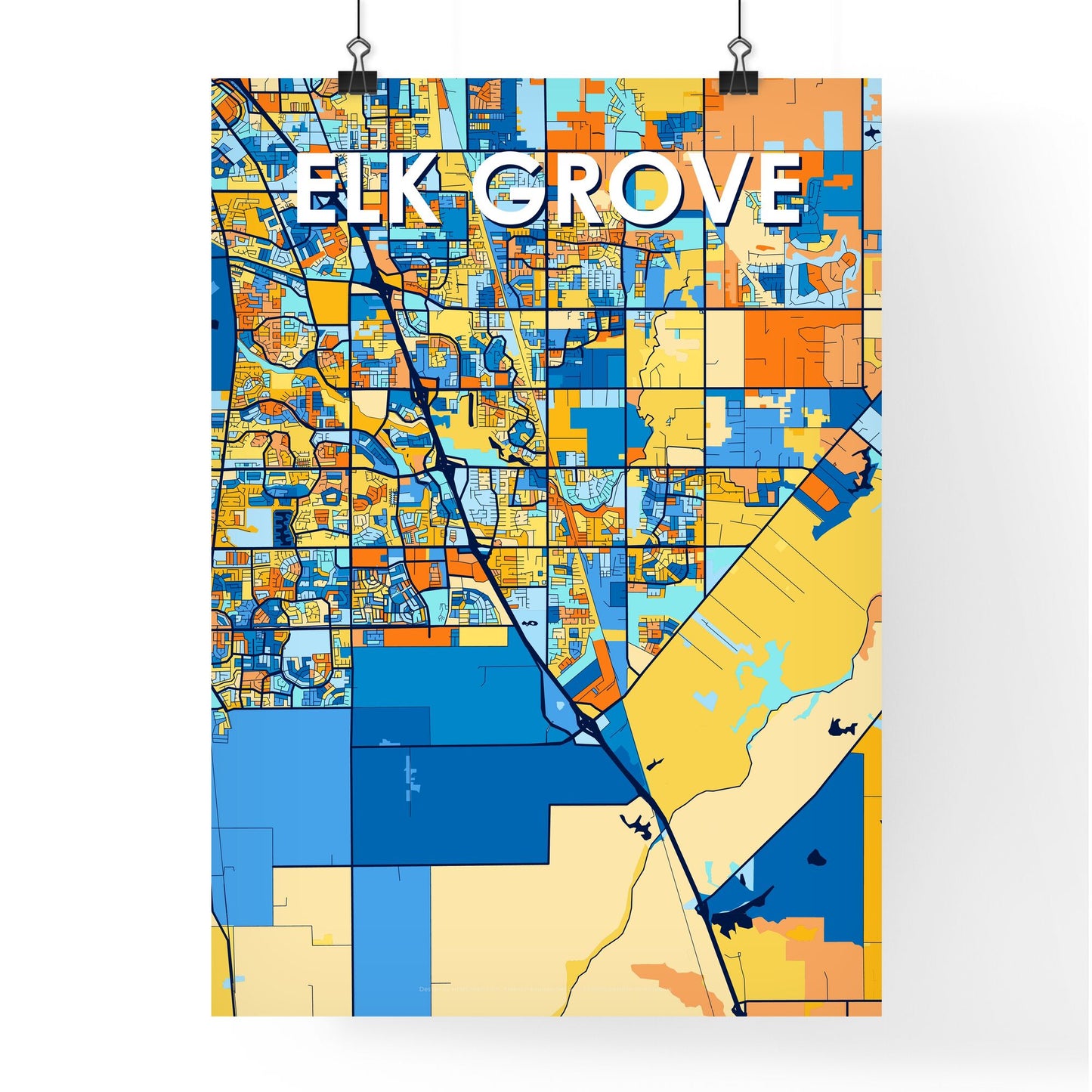 ELK GROVE CALIFORNIA Vibrant Colorful Art Map Poster Blue Orange