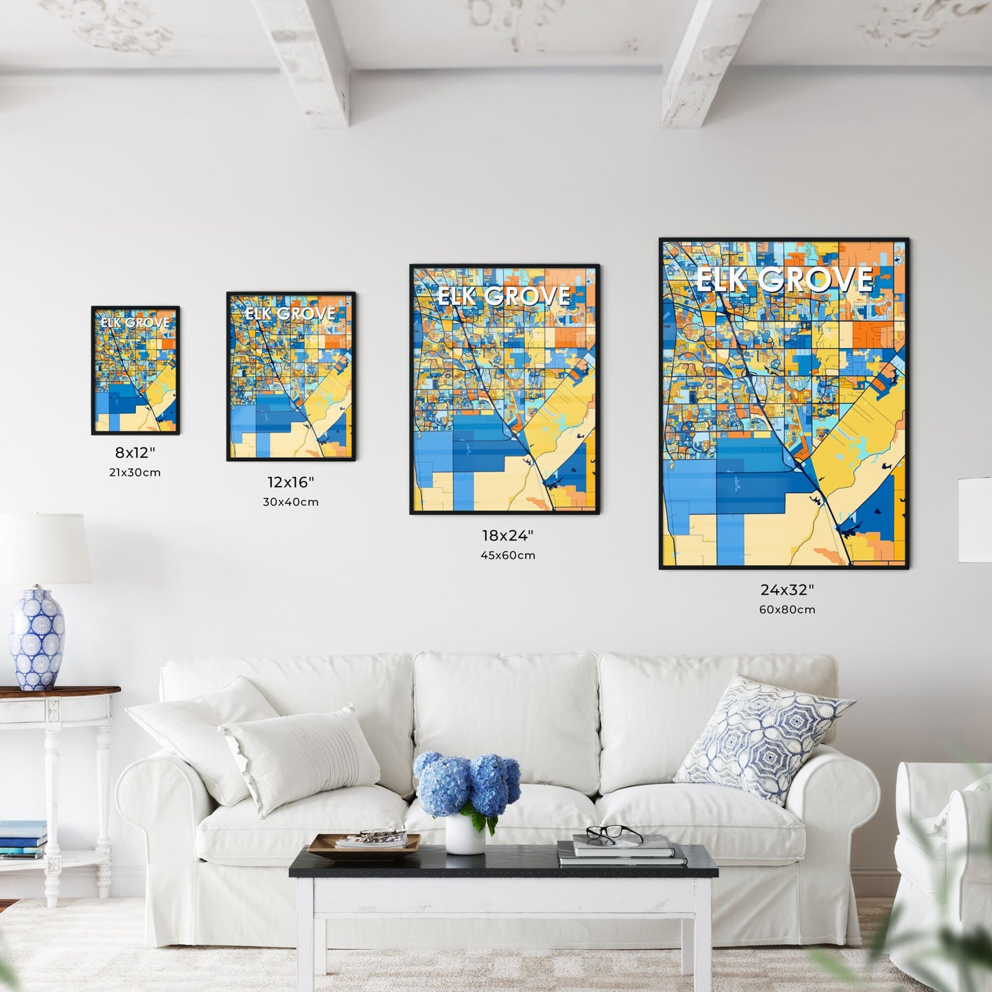 ELK GROVE CALIFORNIA Vibrant Colorful Art Map Poster Blue Orange