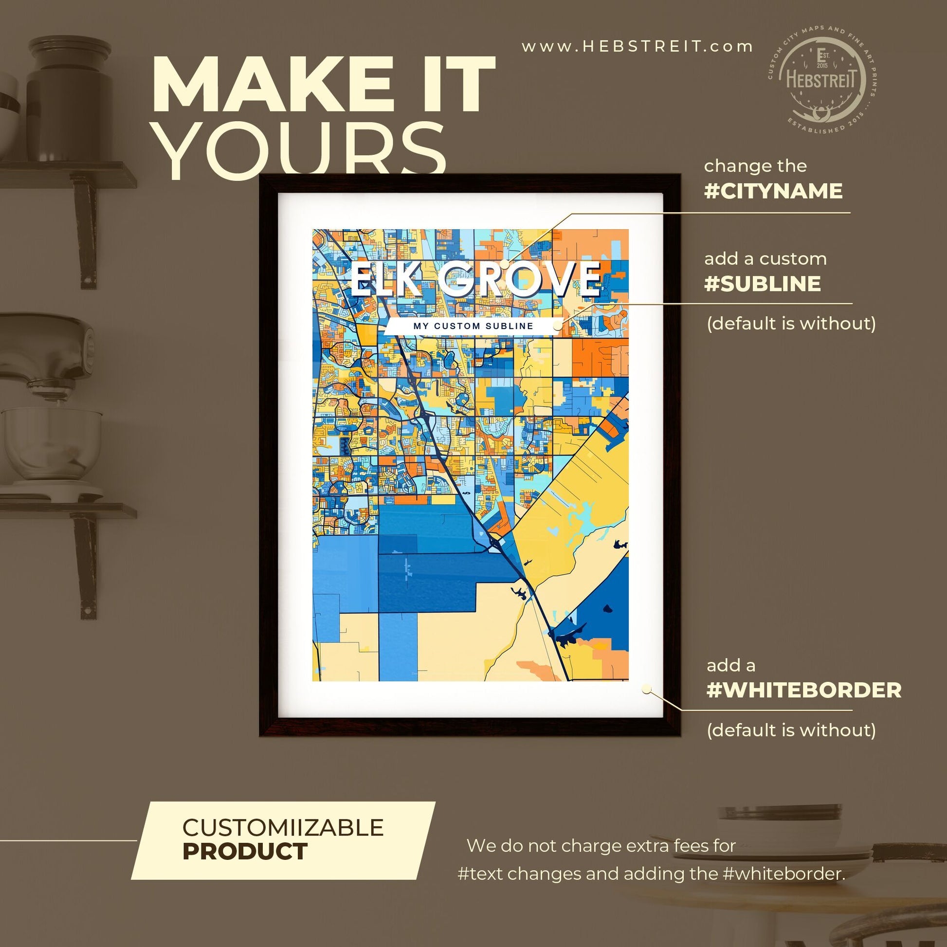 ELK GROVE CALIFORNIA Vibrant Colorful Art Map Poster Blue Orange