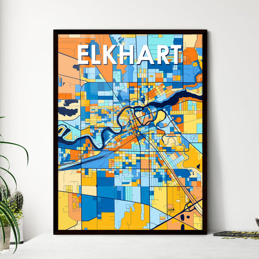 ELKHART INDIANA Vibrant Colorful Art Map Poster Blue Orange