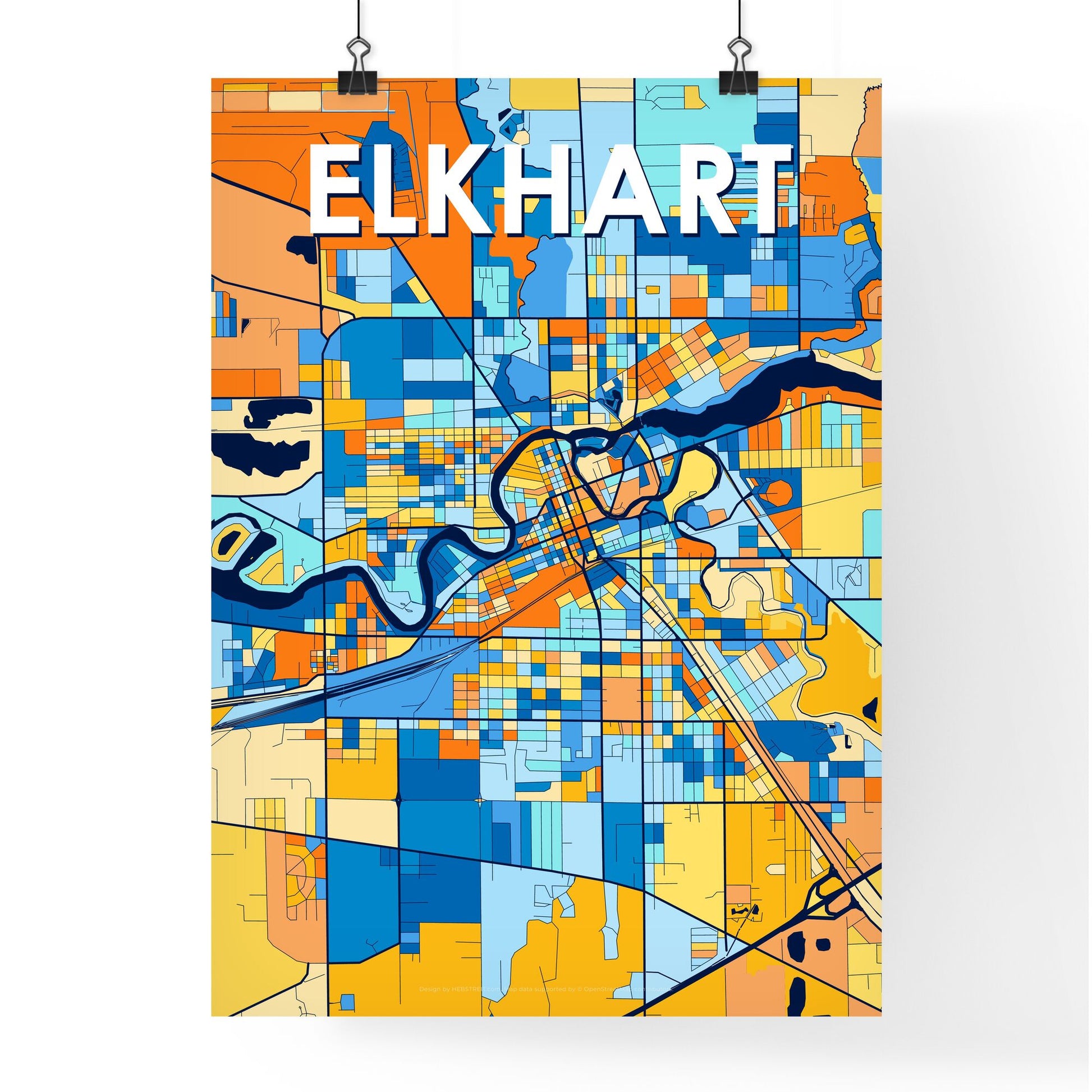 ELKHART INDIANA Vibrant Colorful Art Map Poster Blue Orange