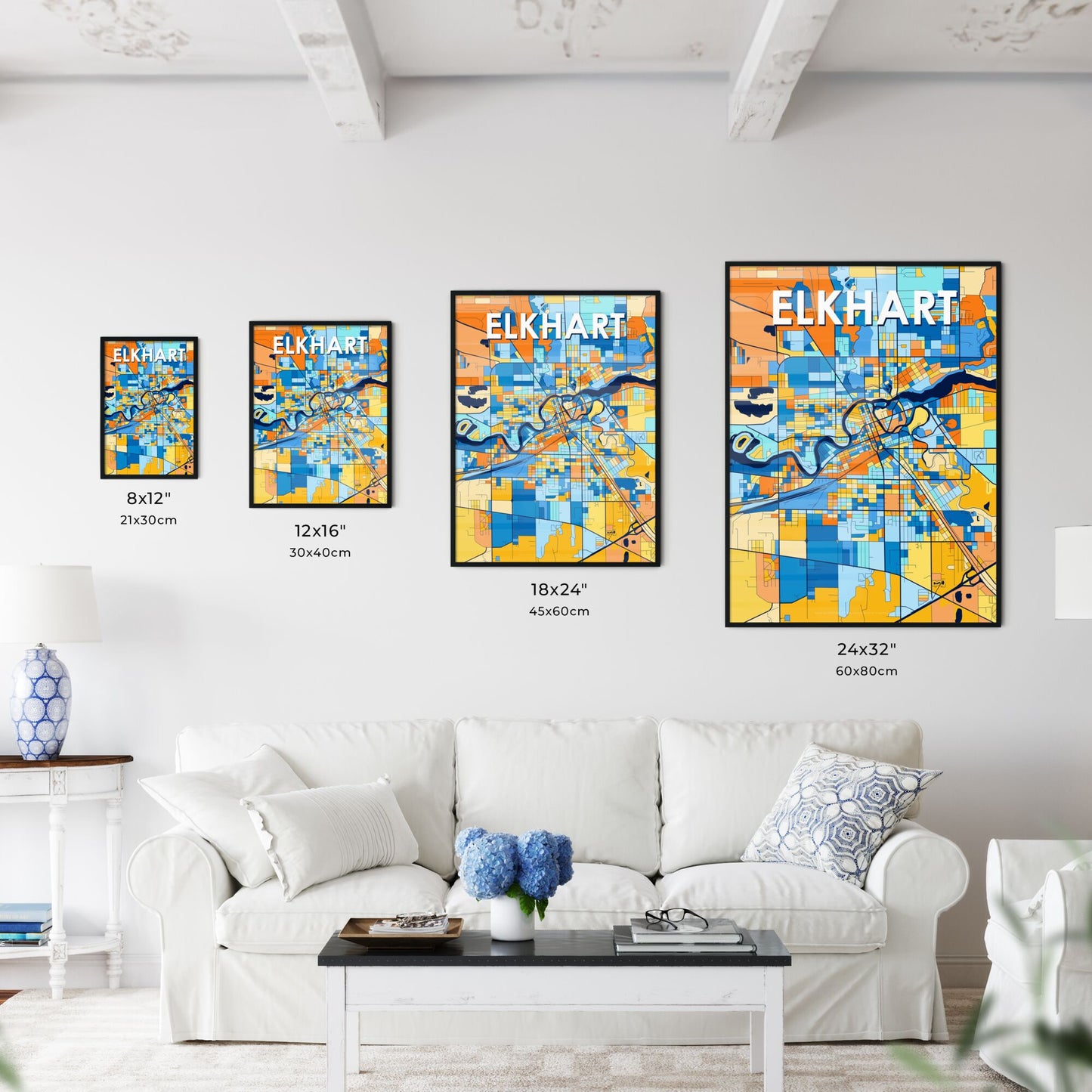 ELKHART INDIANA Vibrant Colorful Art Map Poster Blue Orange