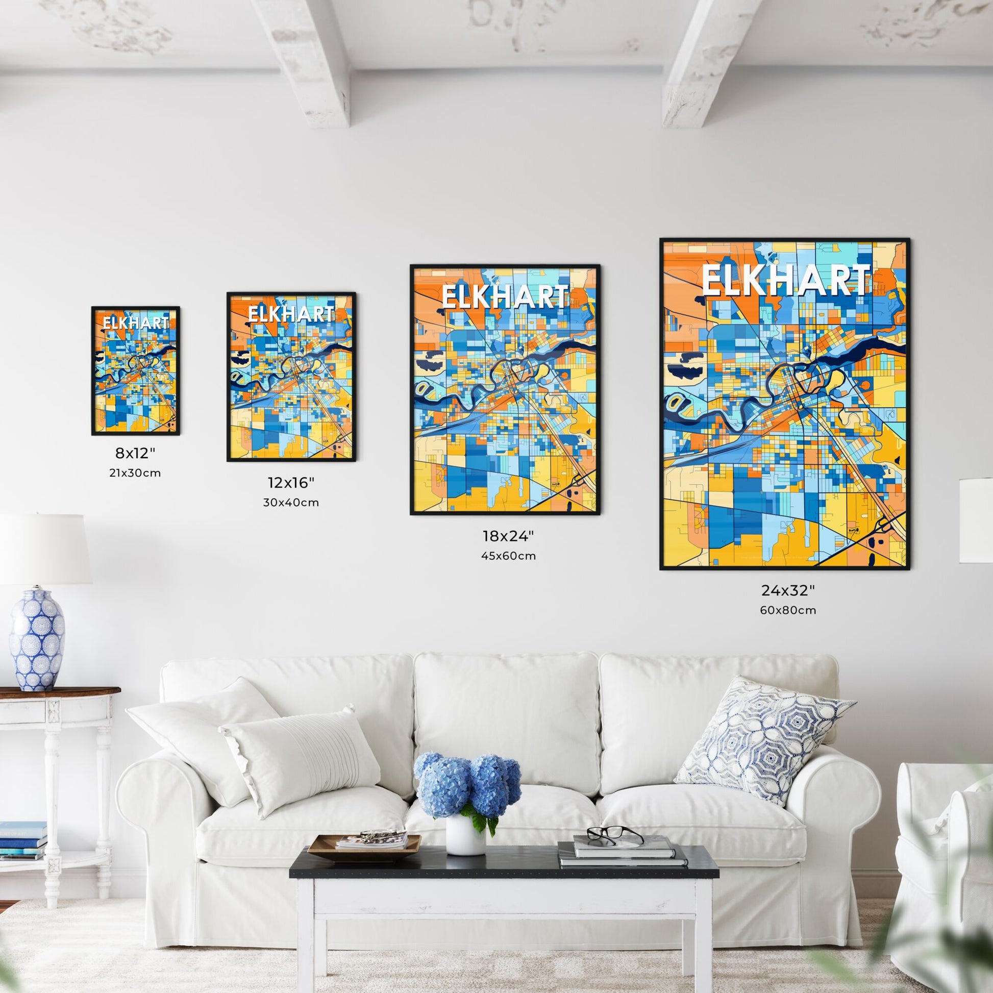 ELKHART INDIANA Vibrant Colorful Art Map Poster Blue Orange