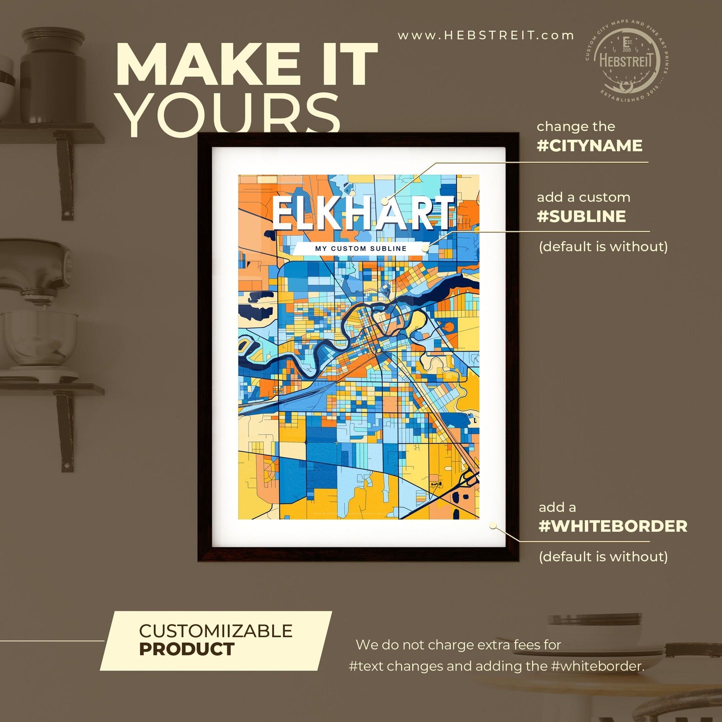 ELKHART INDIANA Vibrant Colorful Art Map Poster Blue Orange