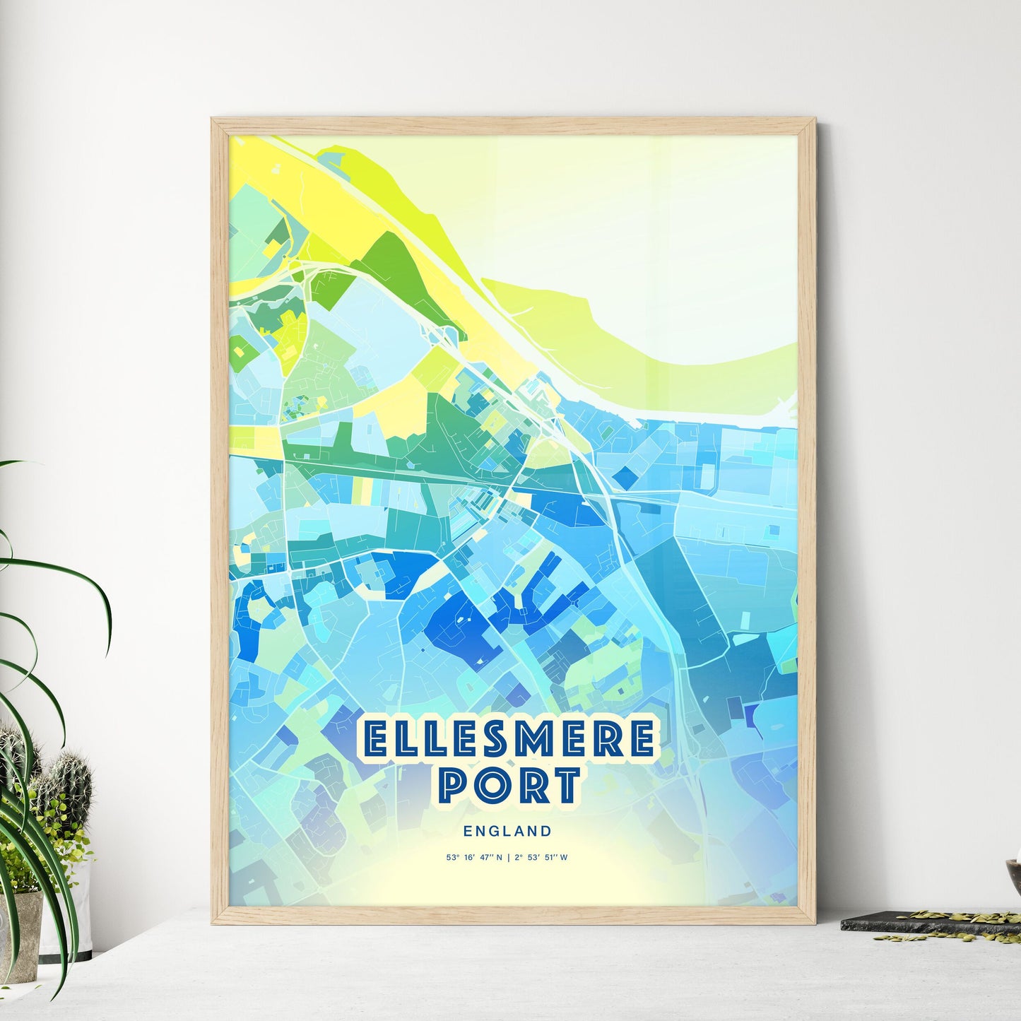 Colorful Ellesmere Port England Fine Art Map Cool Blue