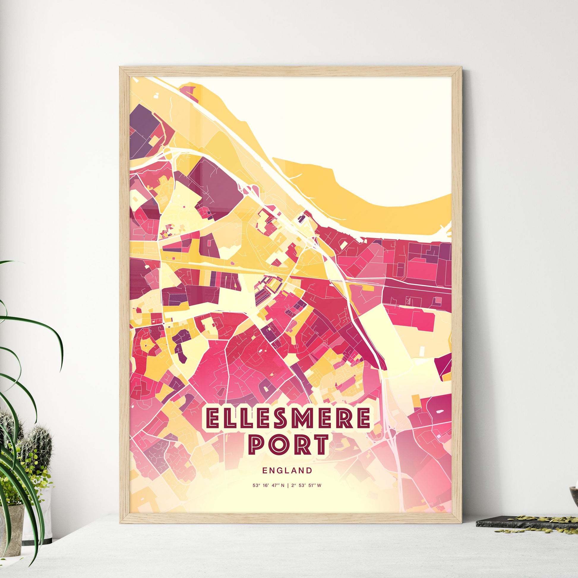 Colorful Ellesmere Port England Fine Art Map Hot Red