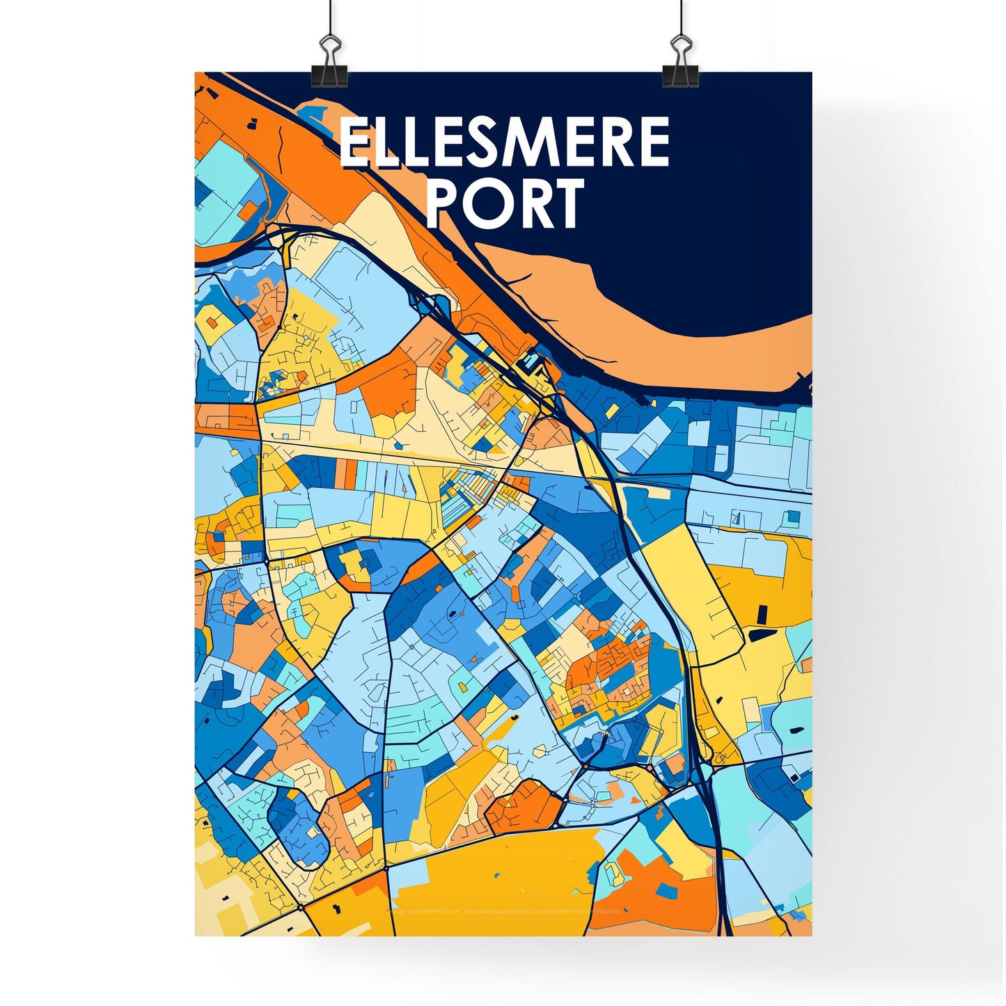 ELLESMERE PORT ENGLAND Vibrant Colorful Art Map Poster Blue Orange