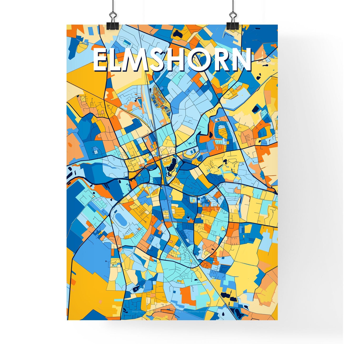 ELMSHORN GERMANY Vibrant Colorful Art Map Poster Blue Orange