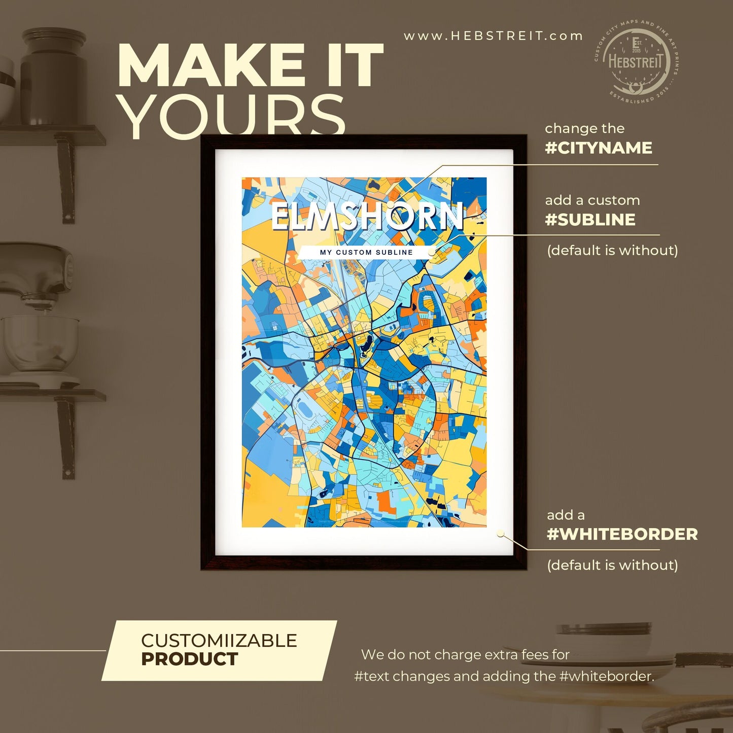 ELMSHORN GERMANY Vibrant Colorful Art Map Poster Blue Orange