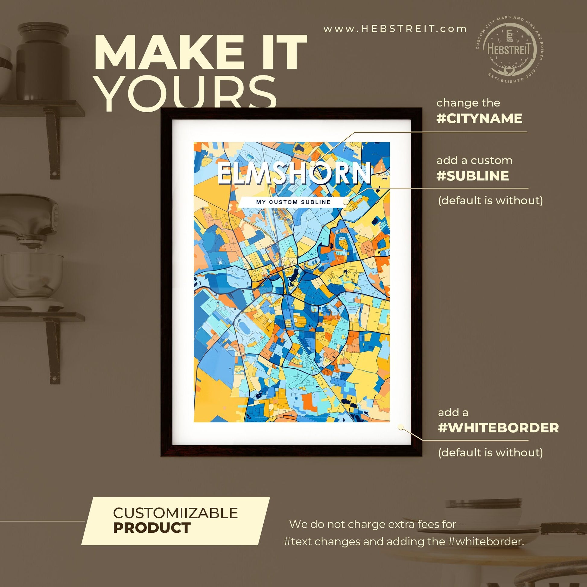 ELMSHORN GERMANY Vibrant Colorful Art Map Poster Blue Orange