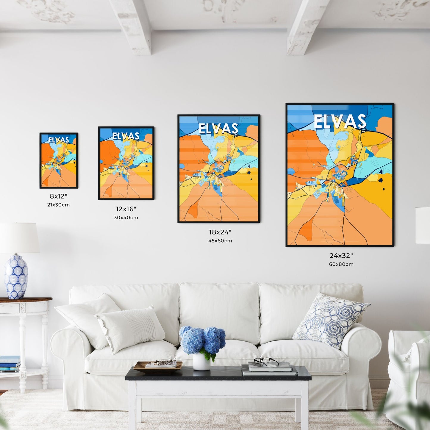ELVAS PORTUGAL Vibrant Colorful Art Map Poster Blue Orange