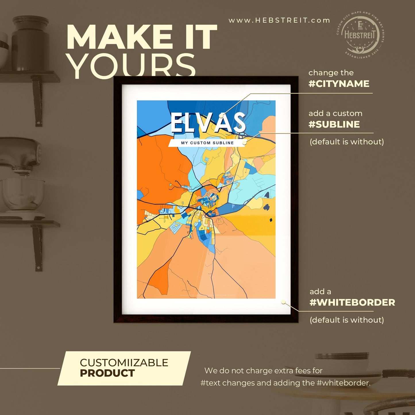 ELVAS PORTUGAL Vibrant Colorful Art Map Poster Blue Orange