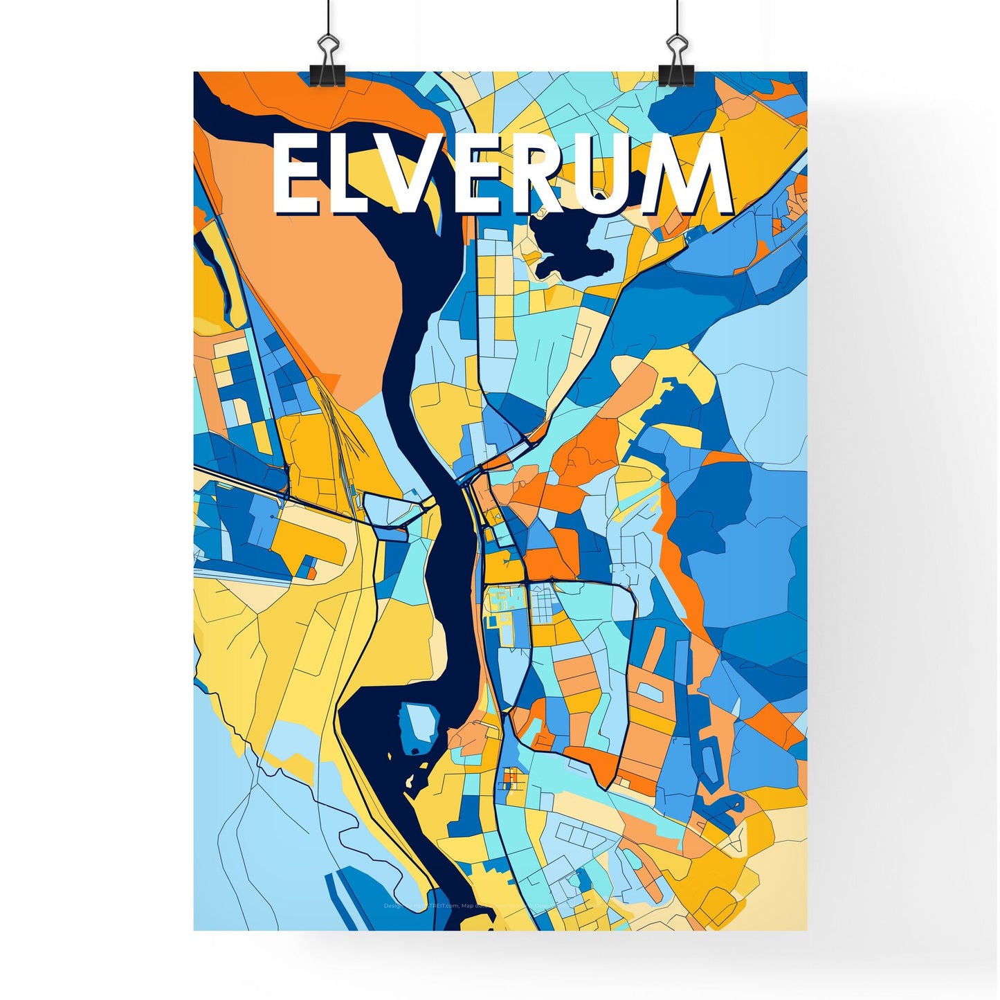 ELVERUM NORWAY Vibrant Colorful Art Map Poster Blue Orange