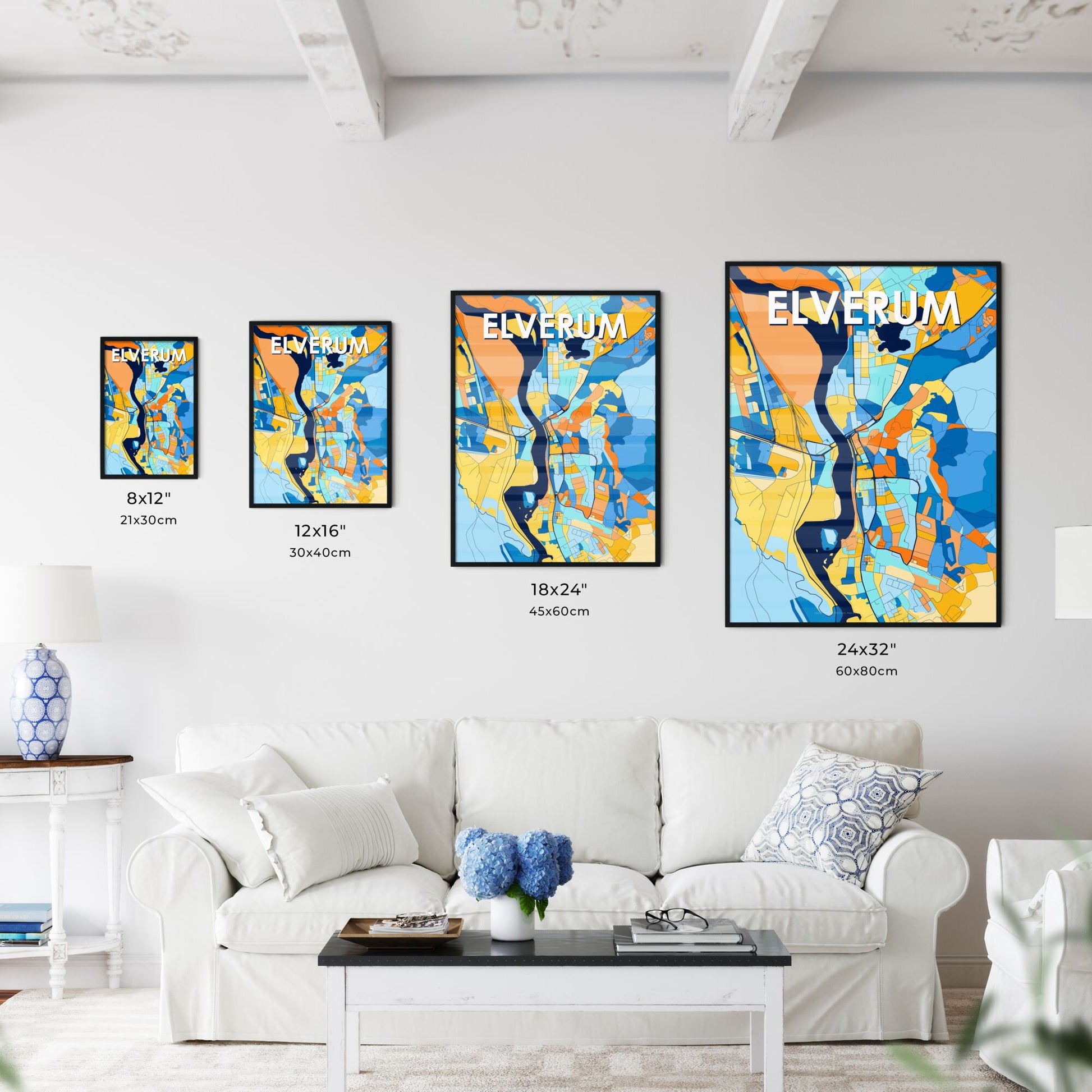 ELVERUM NORWAY Vibrant Colorful Art Map Poster Blue Orange