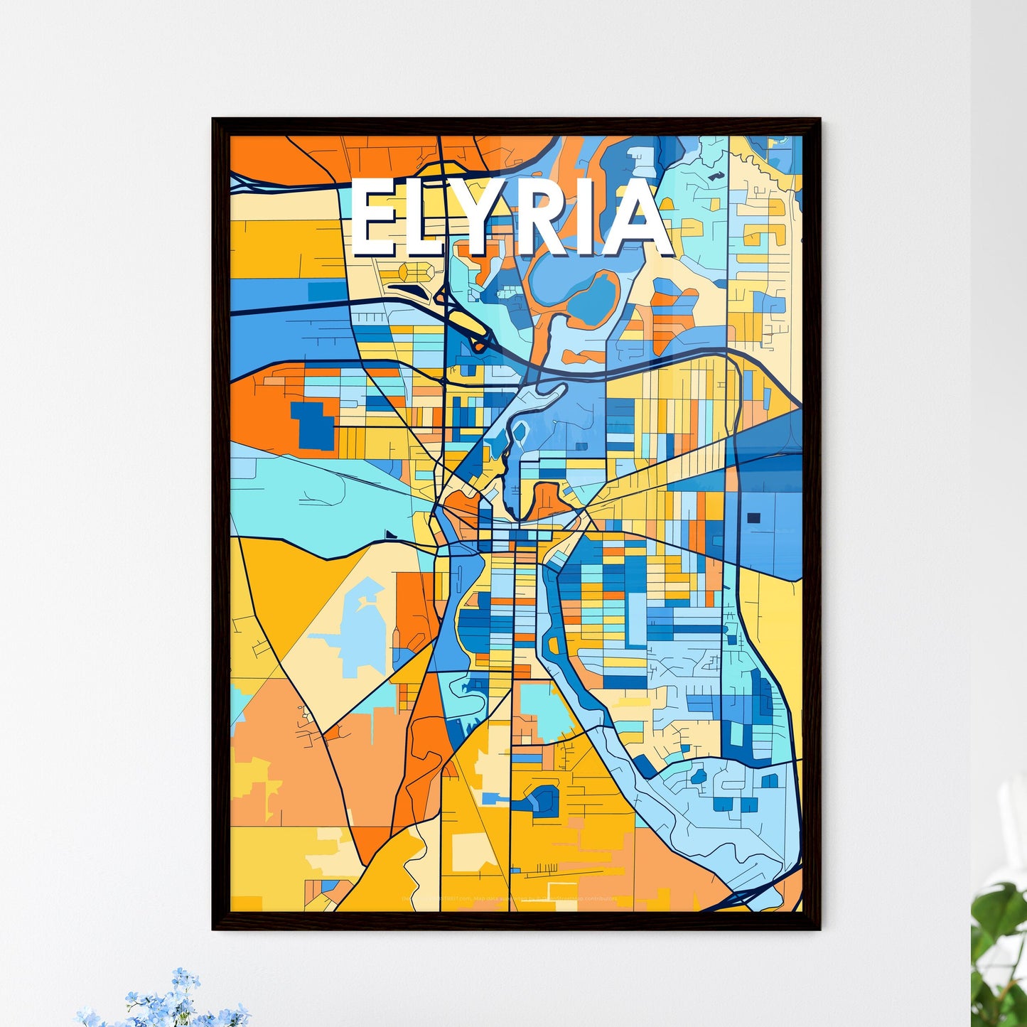 ELYRIA OHIO Vibrant Colorful Art Map Poster Blue Orange