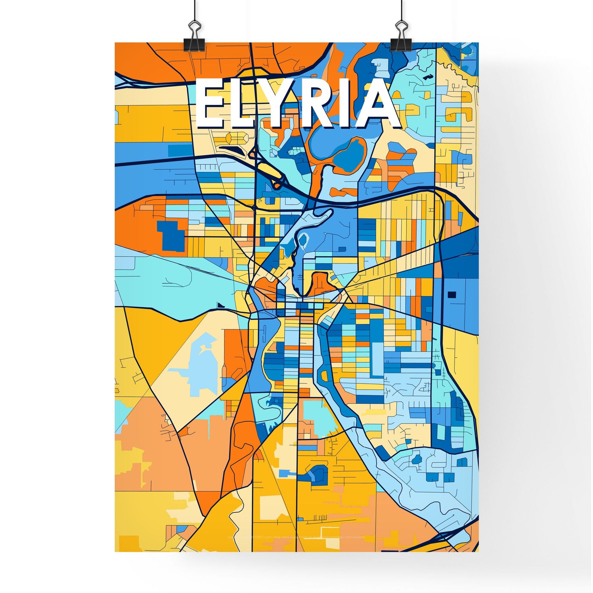 ELYRIA OHIO Vibrant Colorful Art Map Poster Blue Orange