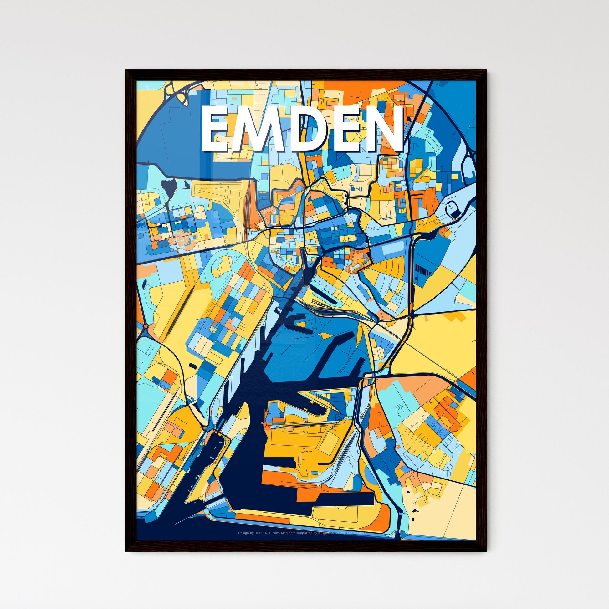 EMDEN GERMANY Vibrant Colorful Art Map Poster Blue Orange