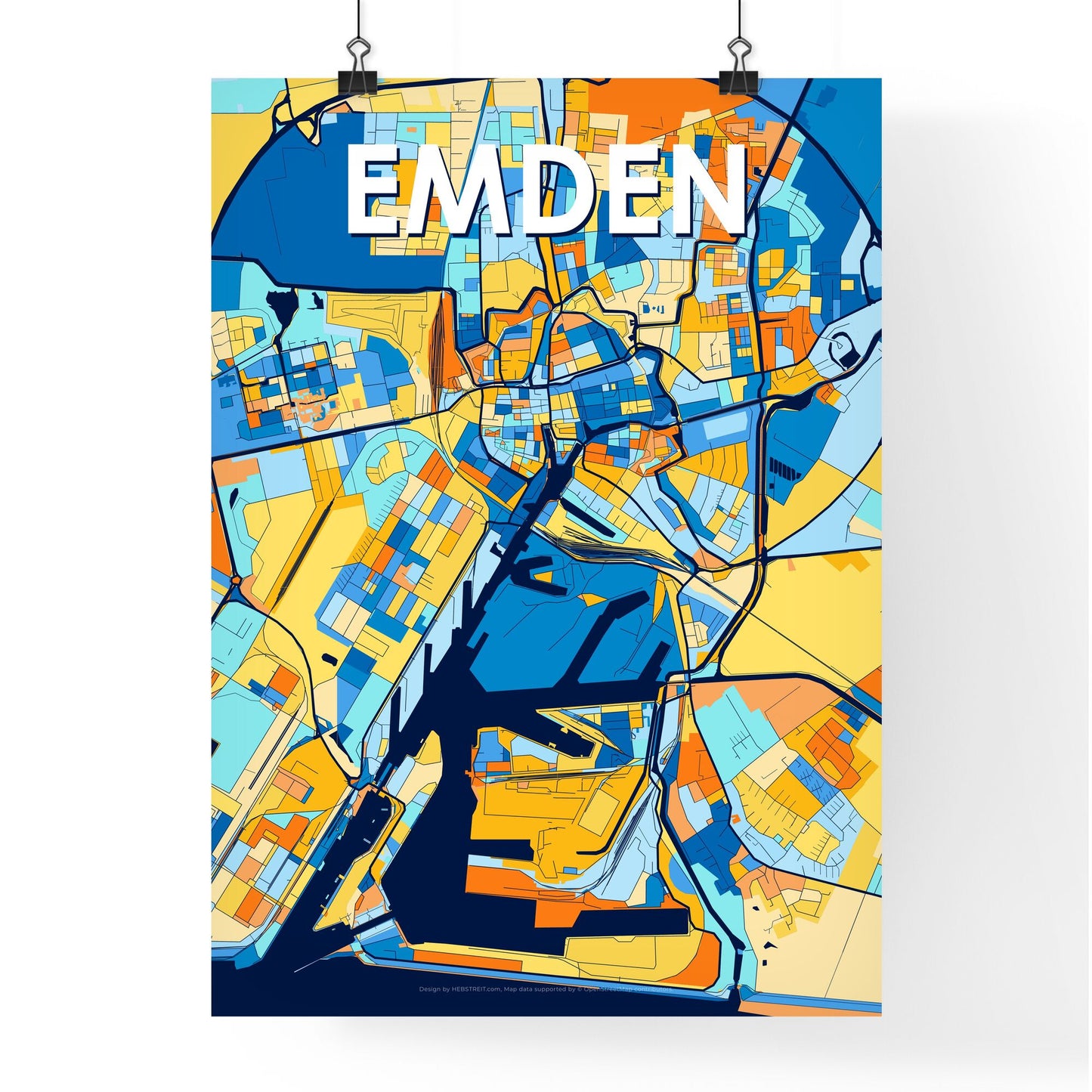 EMDEN GERMANY Vibrant Colorful Art Map Poster Blue Orange