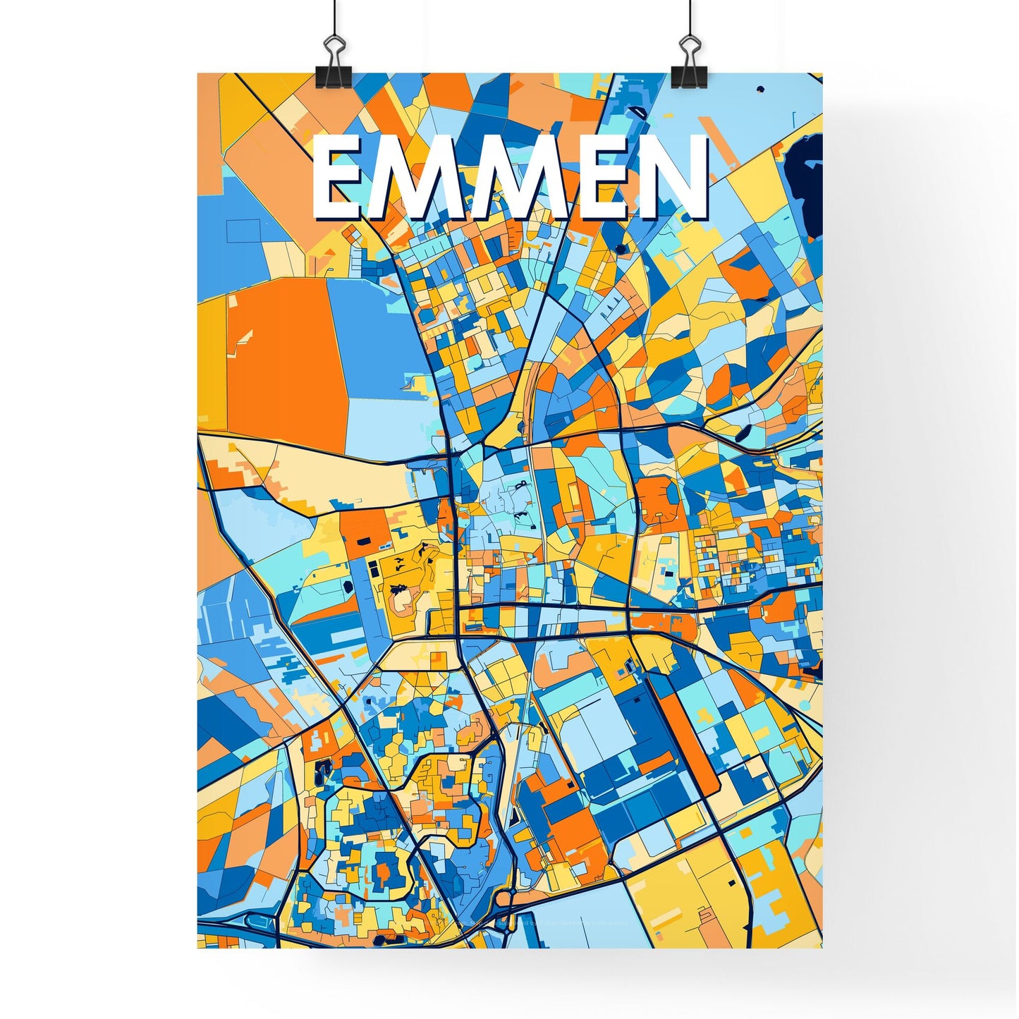 EMMEN NETHERLANDS Vibrant Colorful Art Map Poster Blue Orange