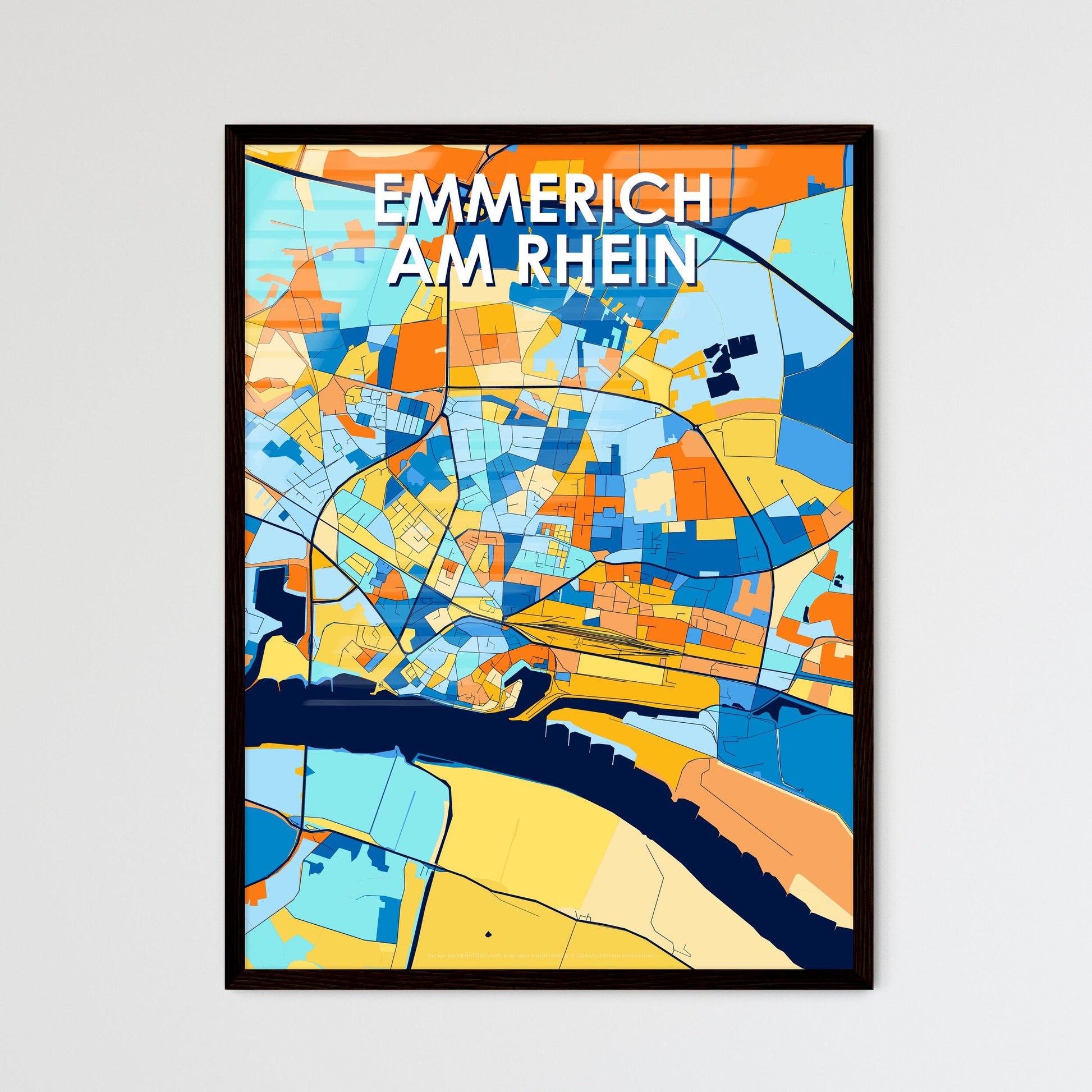 EMMERICH AM RHEIN GERMANY Vibrant Colorful Art Map Poster Blue Orange