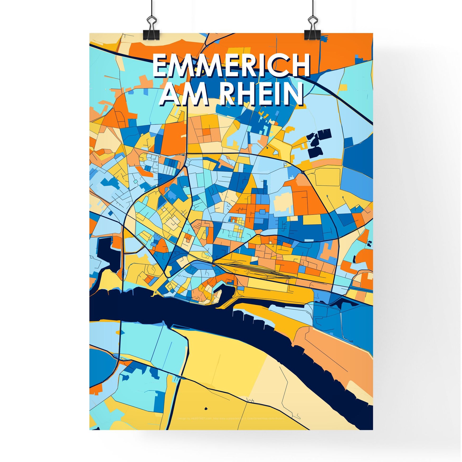 EMMERICH AM RHEIN GERMANY Vibrant Colorful Art Map Poster Blue Orange