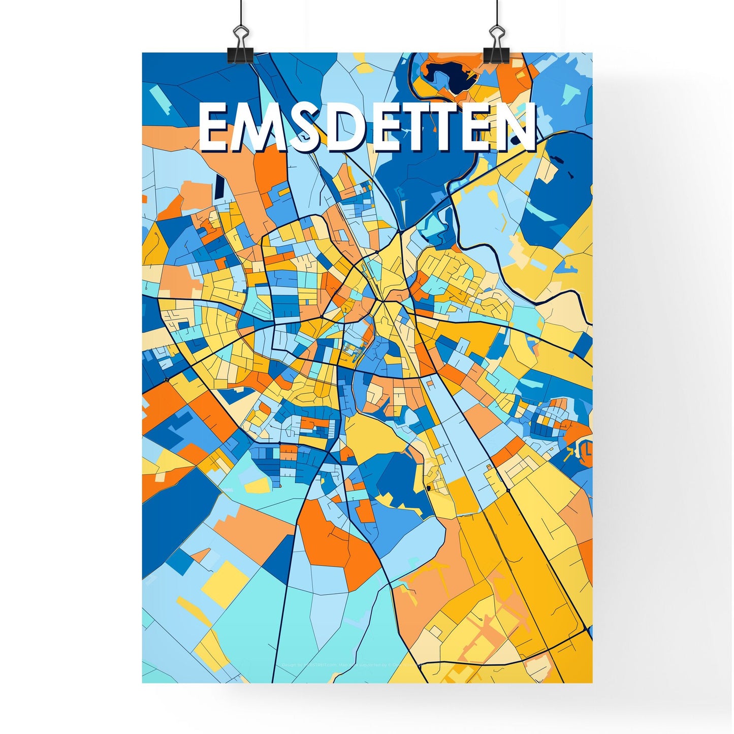 EMSDETTEN GERMANY Vibrant Colorful Art Map Poster Blue Orange