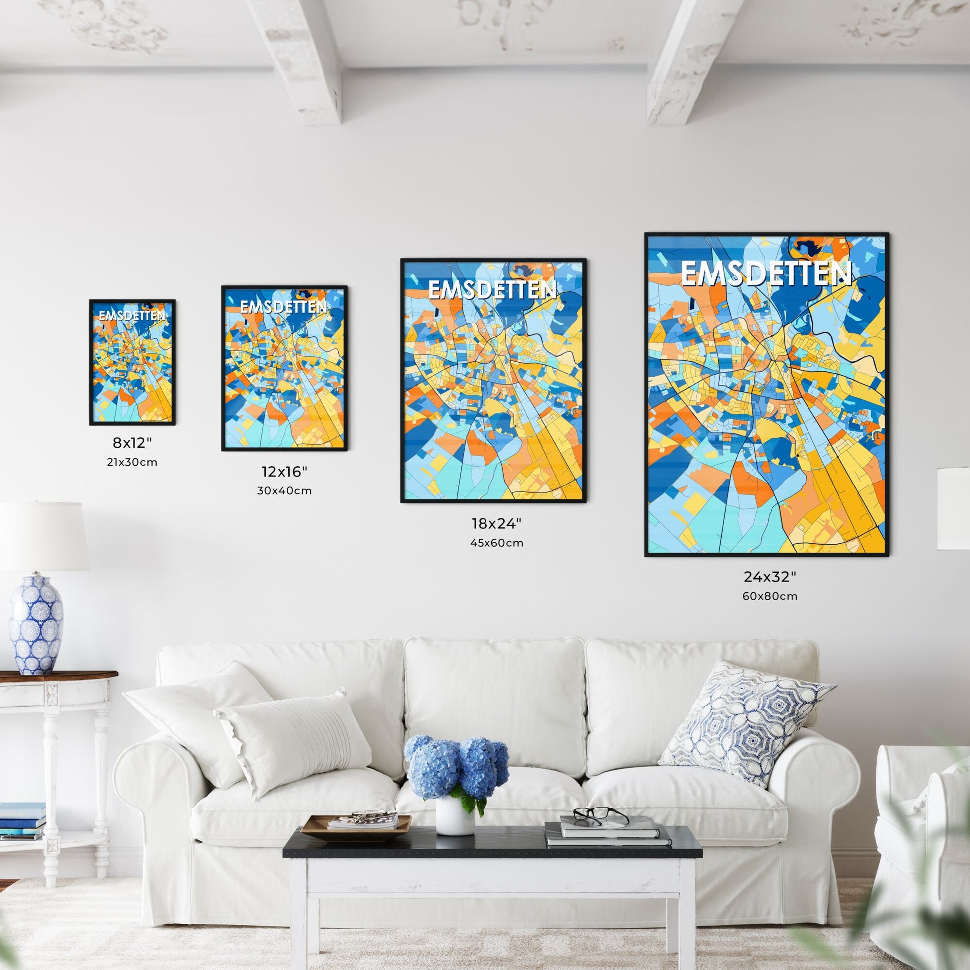 EMSDETTEN GERMANY Vibrant Colorful Art Map Poster Blue Orange