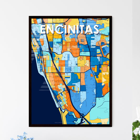 ENCINITAS CALIFORNIA Vibrant Colorful Art Map Poster Blue Orange