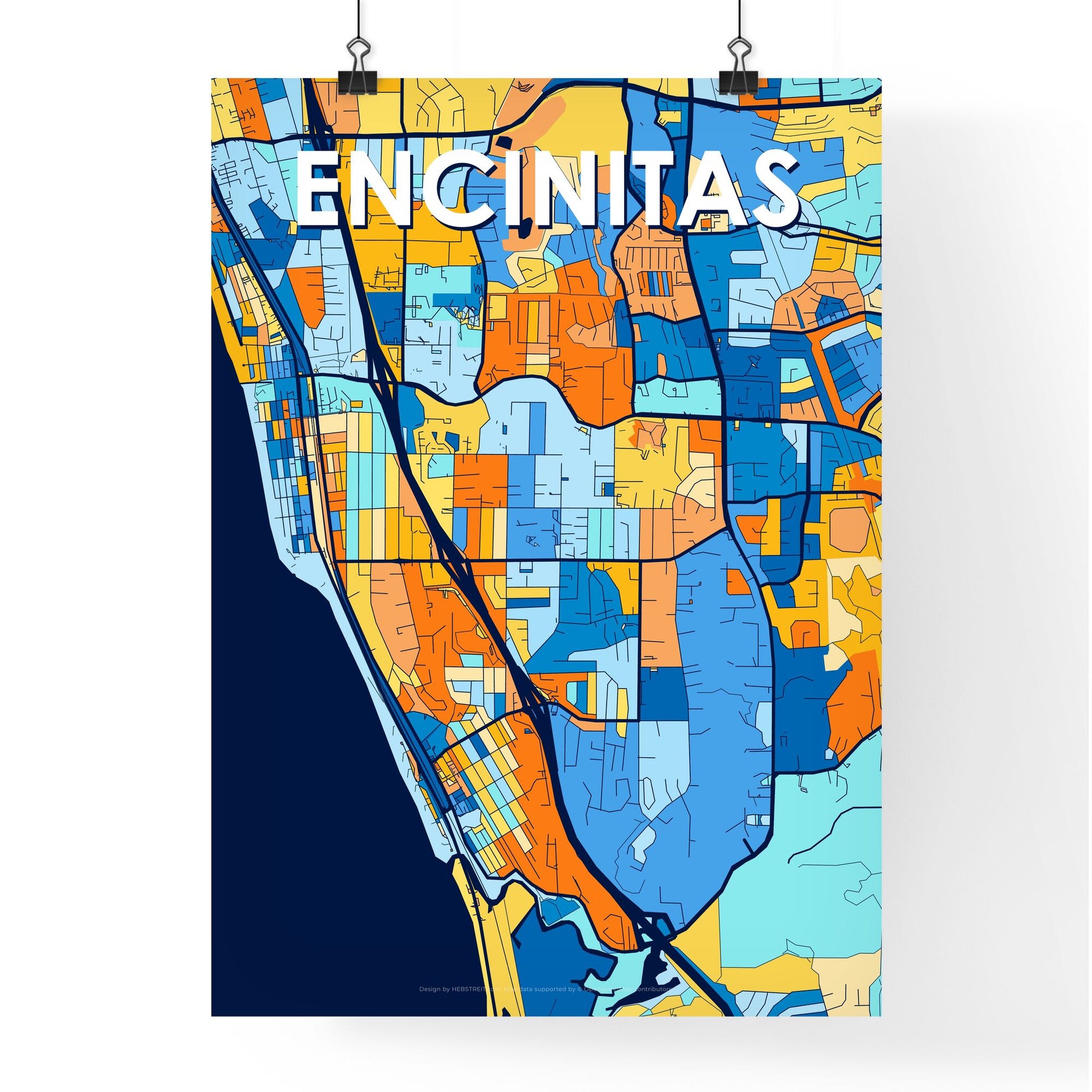 ENCINITAS CALIFORNIA Vibrant Colorful Art Map Poster Blue Orange