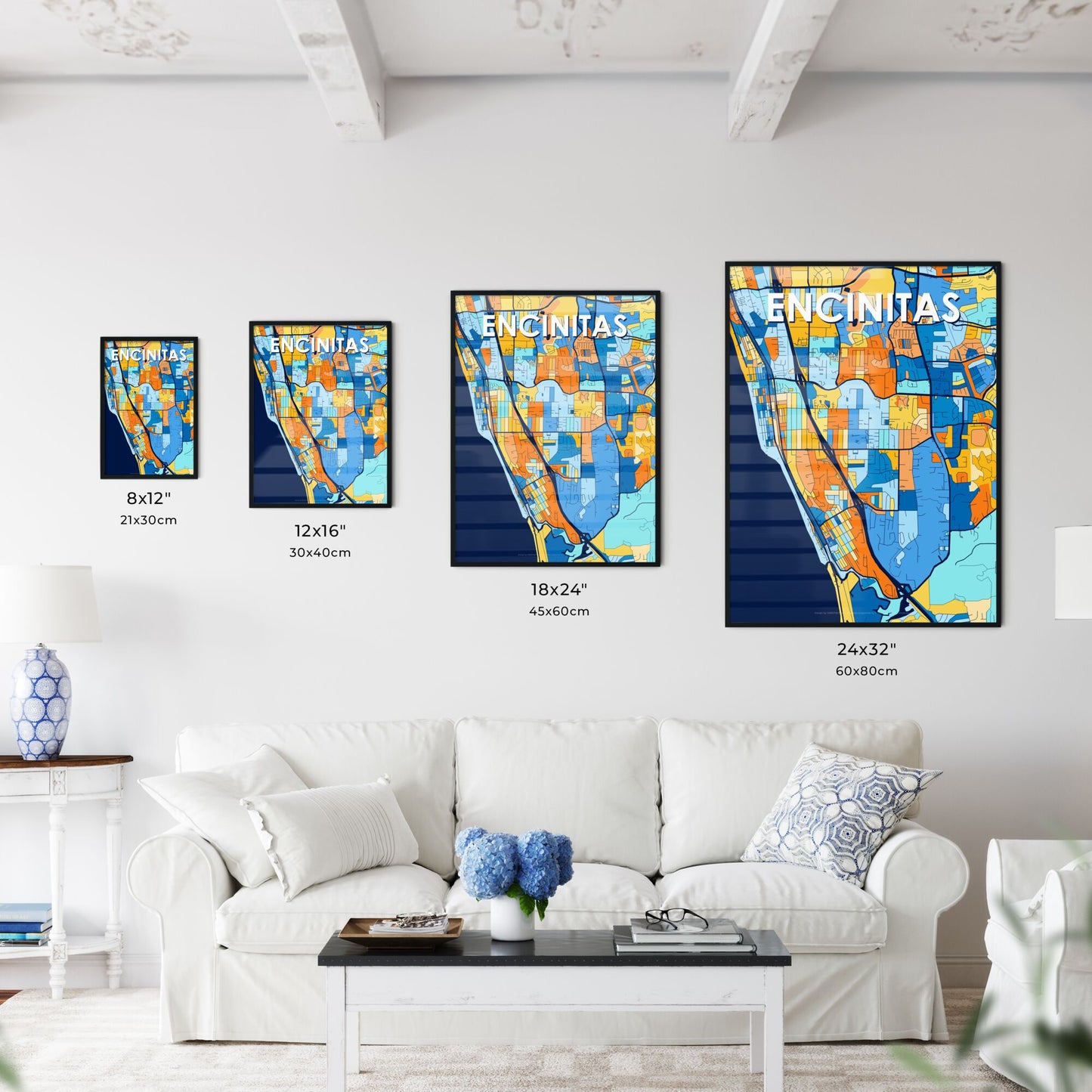 ENCINITAS CALIFORNIA Vibrant Colorful Art Map Poster Blue Orange