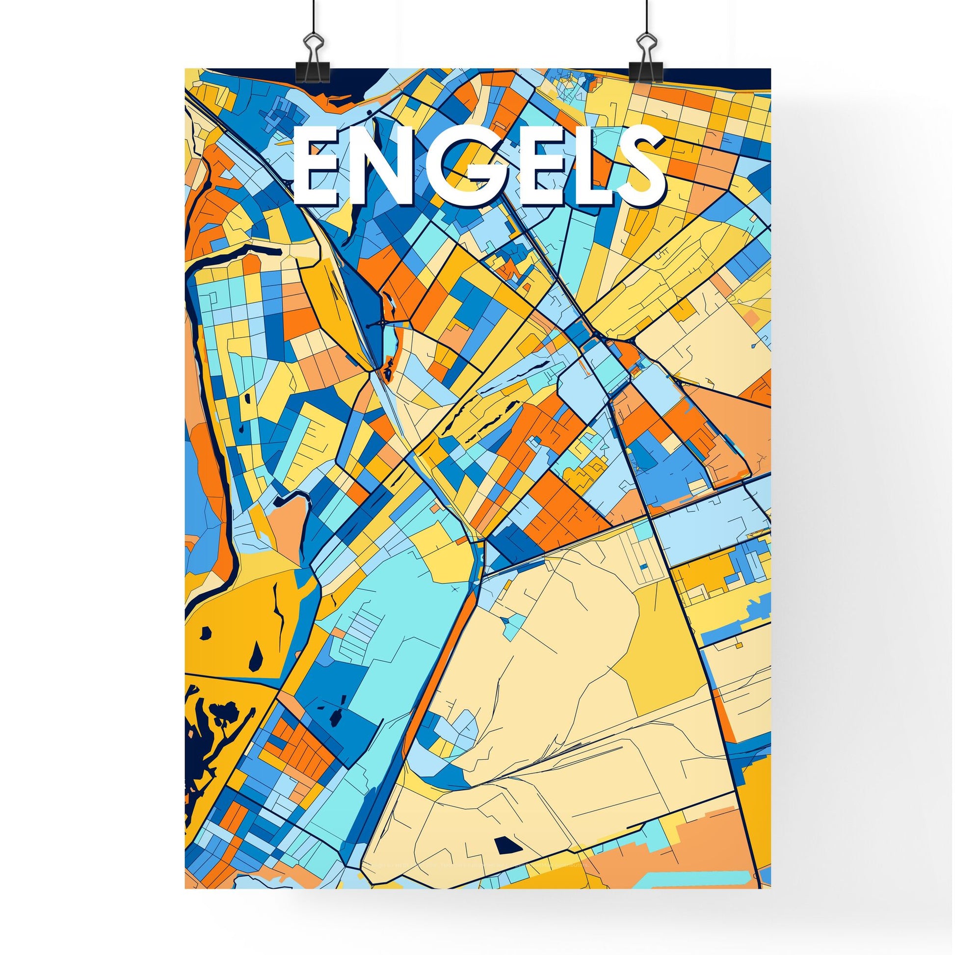 ENGELS RUSSIA Vibrant Colorful Art Map Poster Blue Orange
