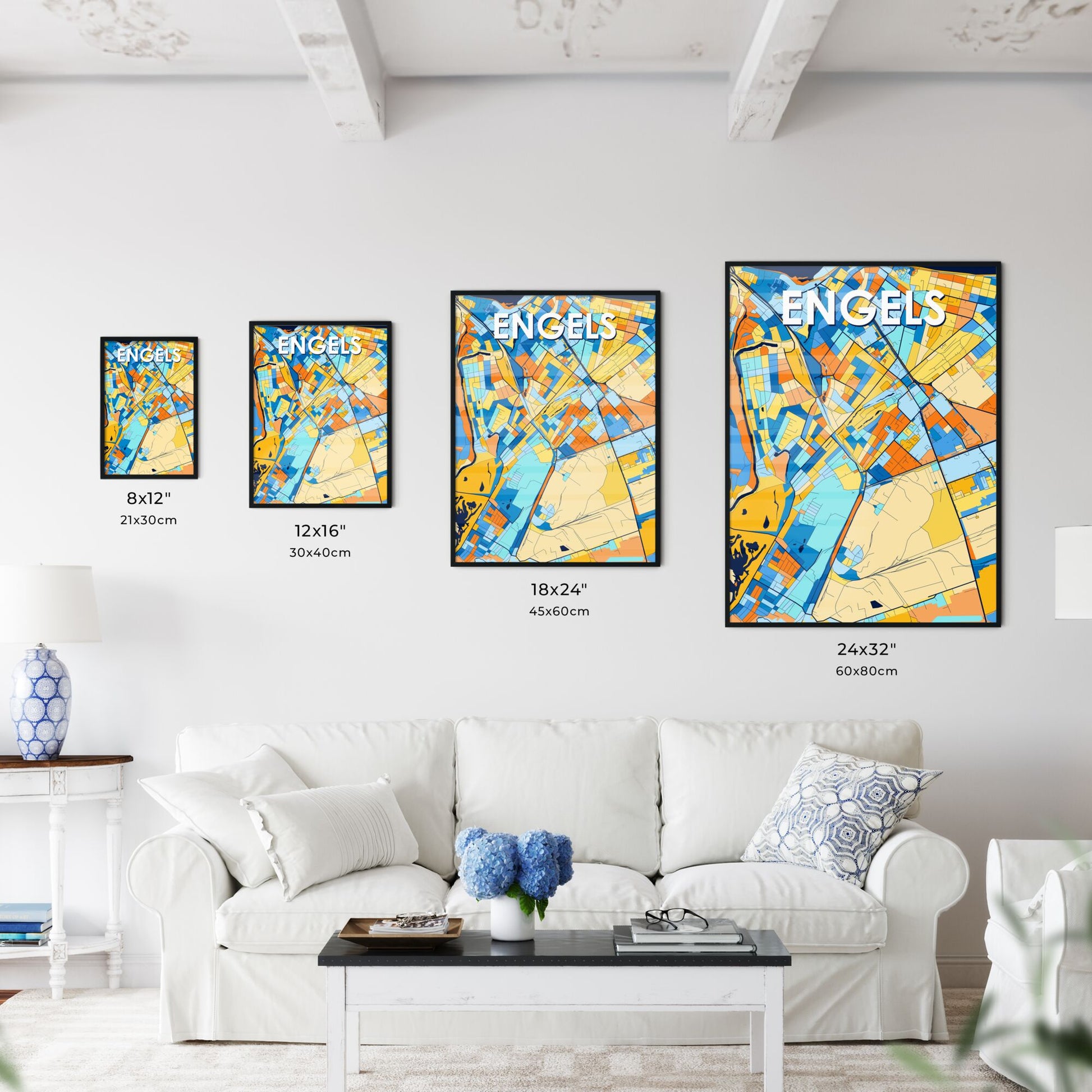 ENGELS RUSSIA Vibrant Colorful Art Map Poster Blue Orange