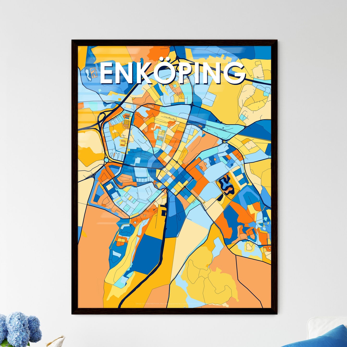 ENKÖPING SWEDEN Vibrant Colorful Art Map Poster Blue Orange