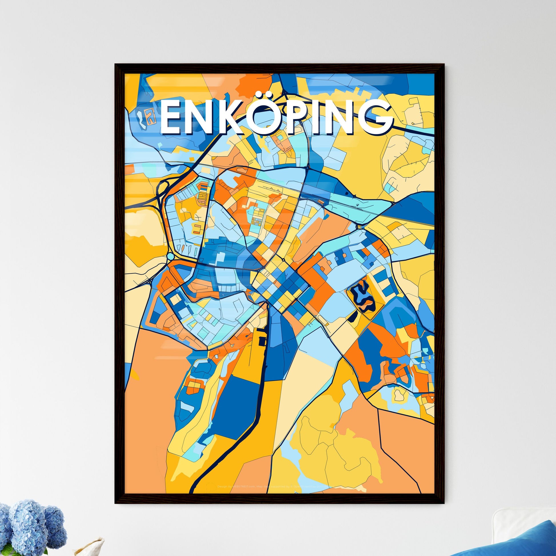 ENKÖPING SWEDEN Vibrant Colorful Art Map Poster Blue Orange