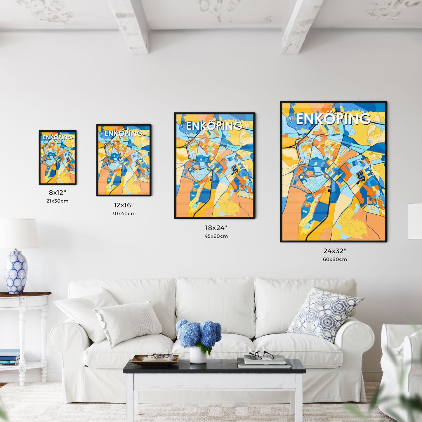 ENKÖPING SWEDEN Vibrant Colorful Art Map Poster Blue Orange