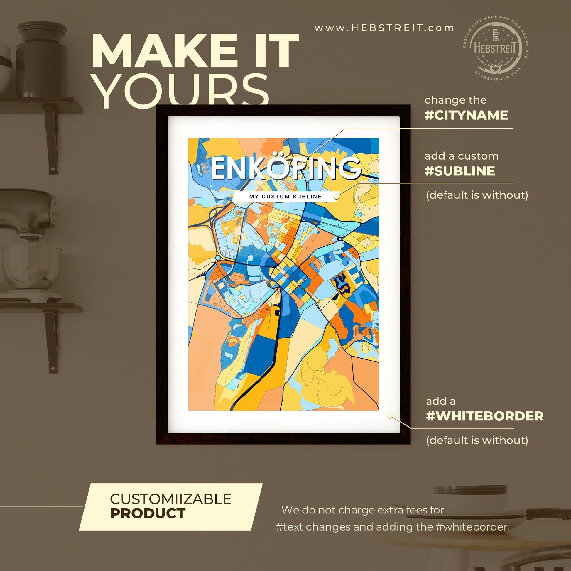 ENKÖPING SWEDEN Vibrant Colorful Art Map Poster Blue Orange