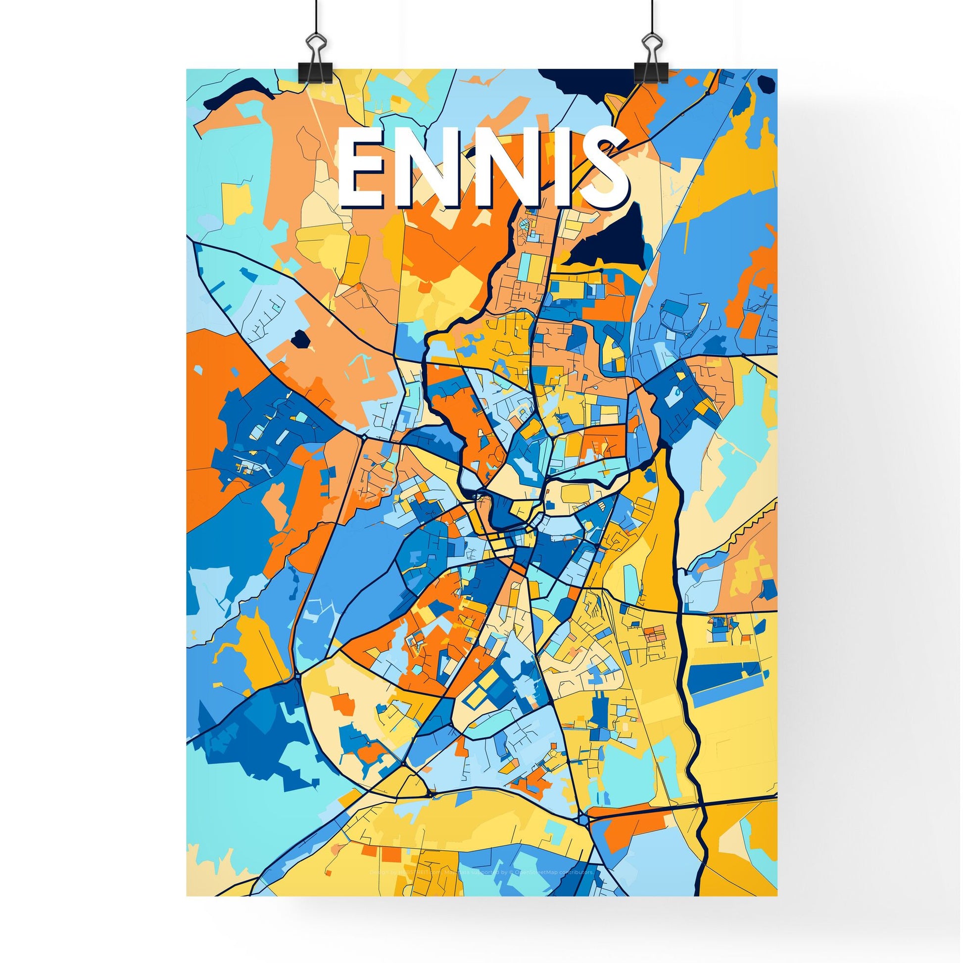 ENNIS IRELAND Vibrant Colorful Art Map Poster Blue Orange