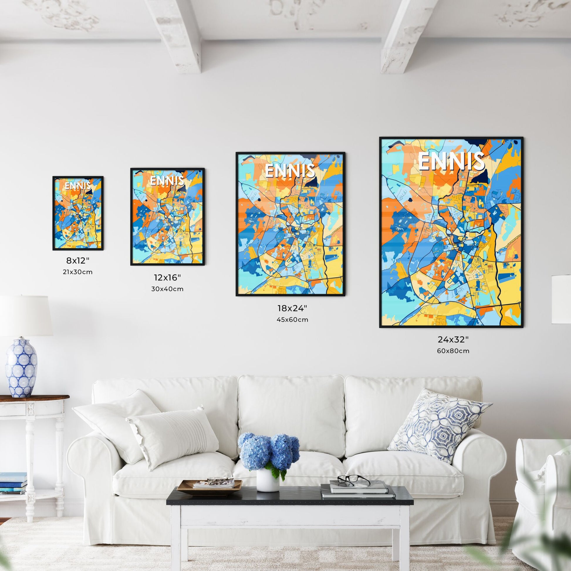 ENNIS IRELAND Vibrant Colorful Art Map Poster Blue Orange
