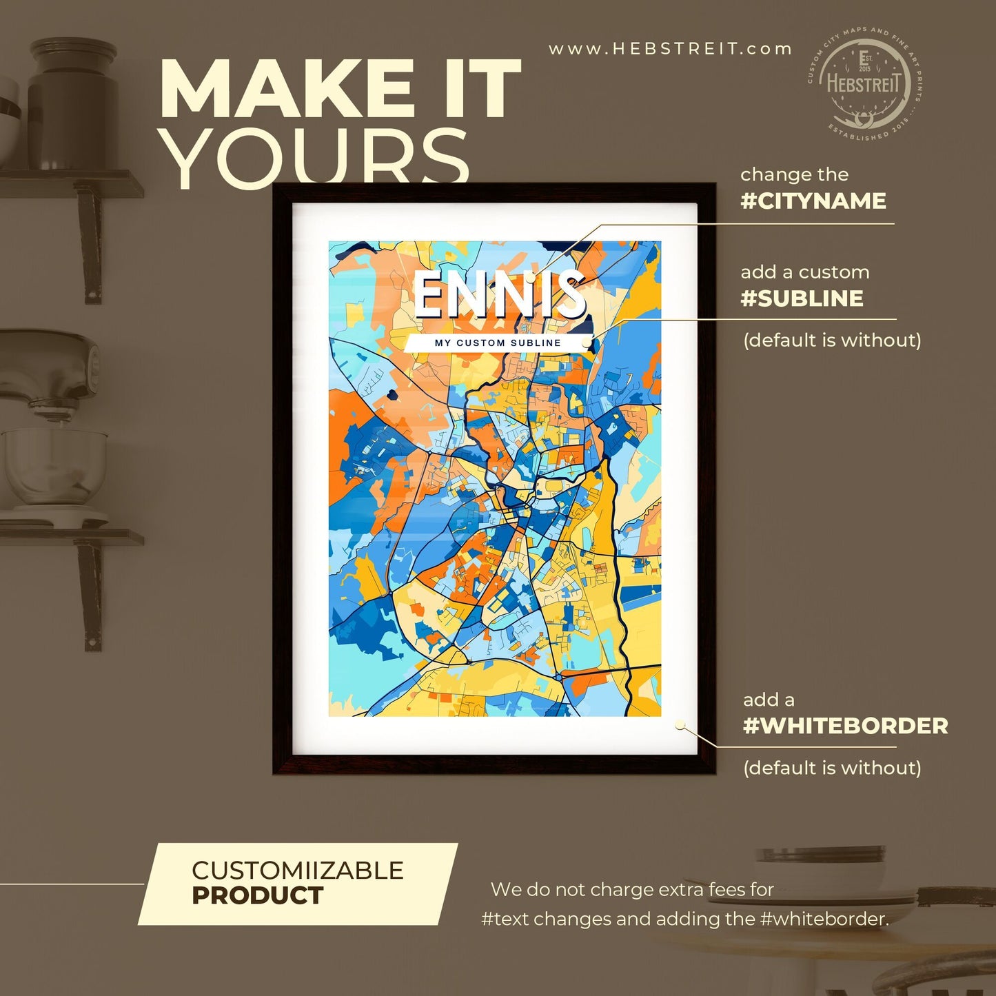 ENNIS IRELAND Vibrant Colorful Art Map Poster Blue Orange