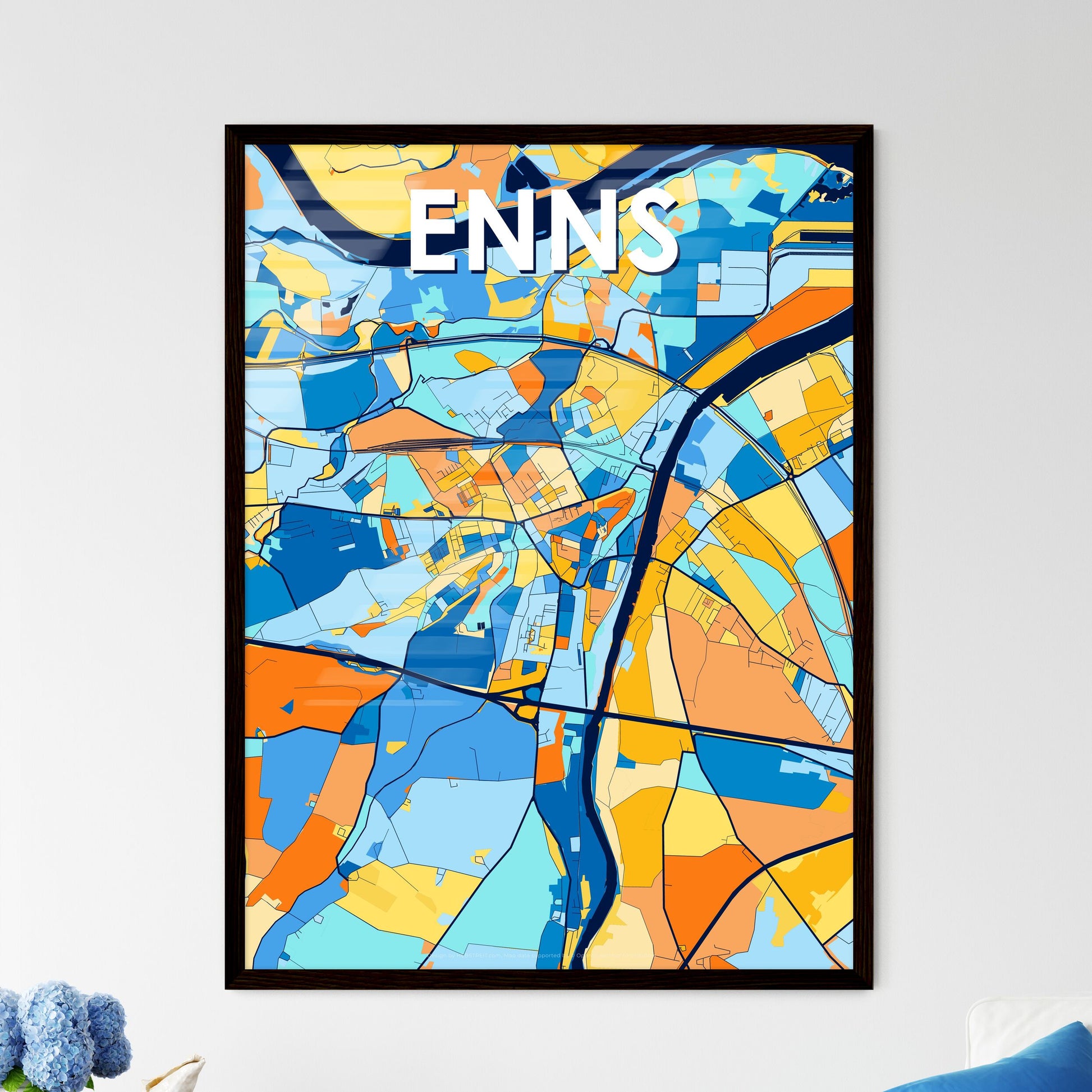 ENNS AUSTRIA Vibrant Colorful Art Map Poster Blue Orange