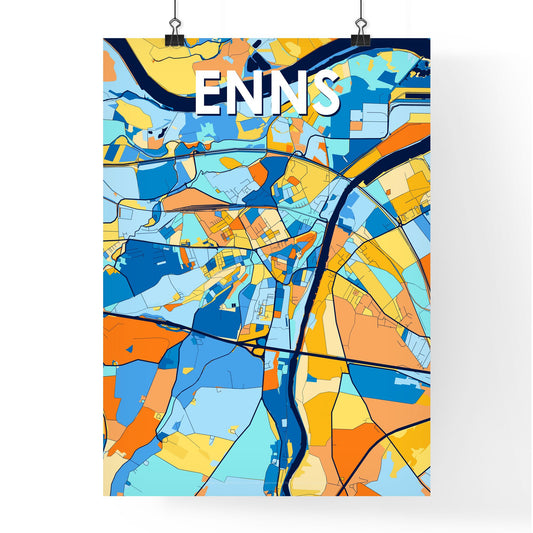 ENNS AUSTRIA Vibrant Colorful Art Map Poster Blue Orange