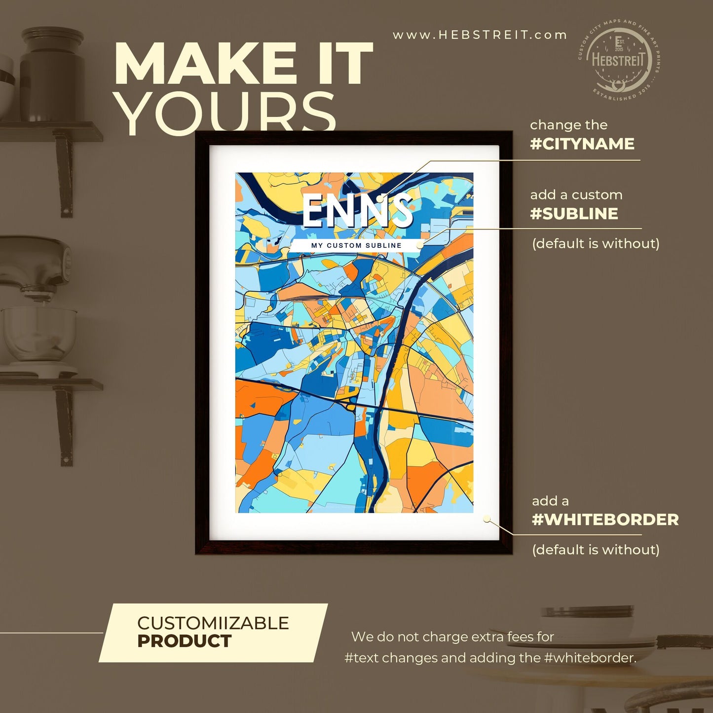 ENNS AUSTRIA Vibrant Colorful Art Map Poster Blue Orange