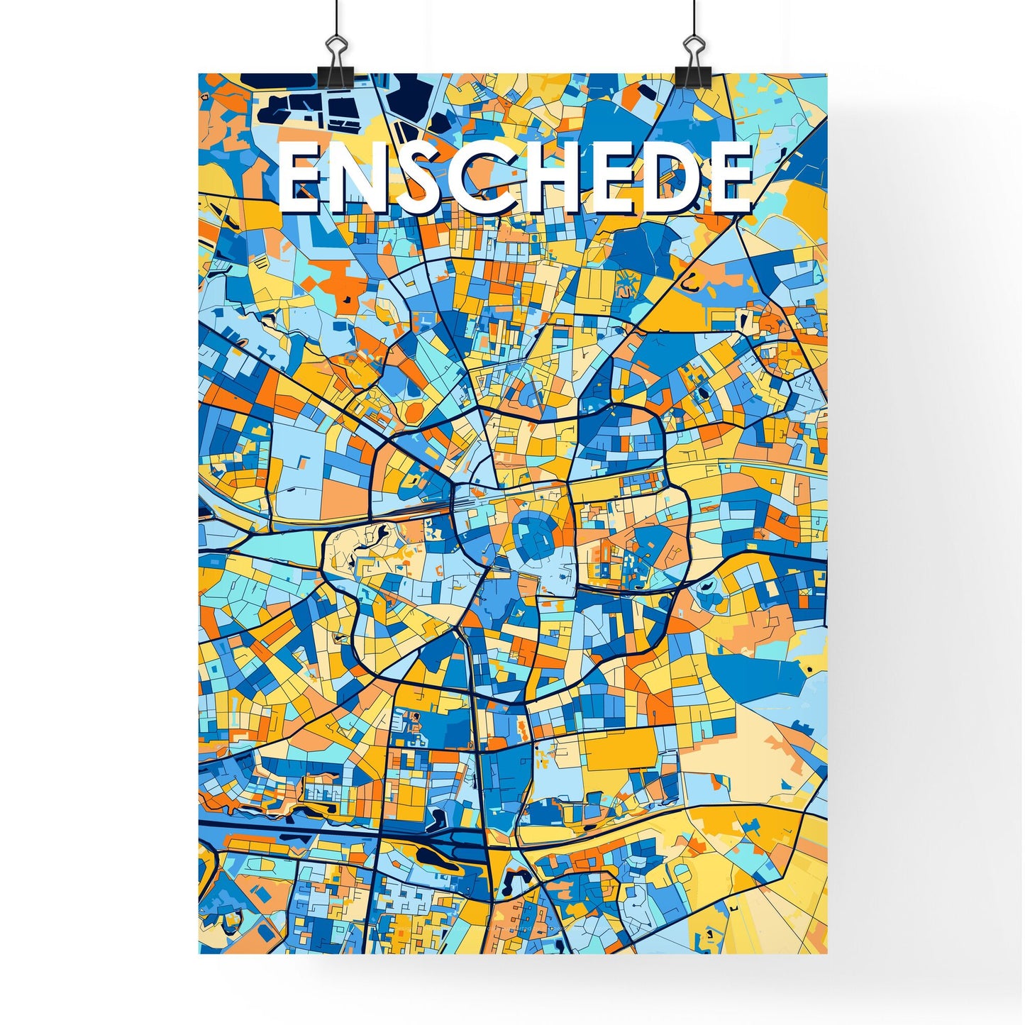 ENSCHEDE NETHERLANDS Vibrant Colorful Art Map Poster Blue Orange